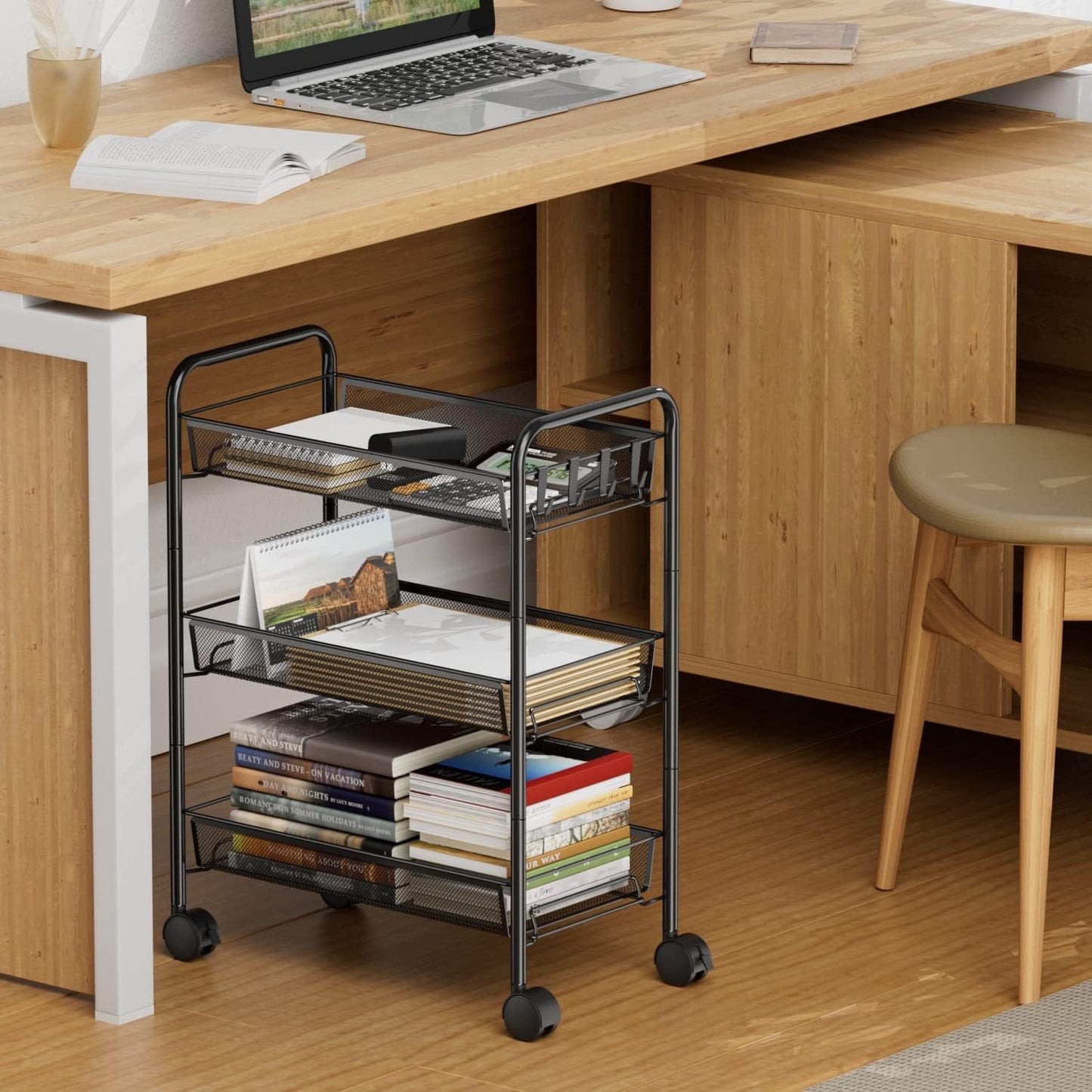 OVICAR Mesh Wire 3 Tier Rolling Cart, Kitchen Storage Utility Cart, Multifunction Basket Stand for Bathroom, Full Metal Storage Art Trolley Carts with Wheels & 4 Side Hooks (Black)