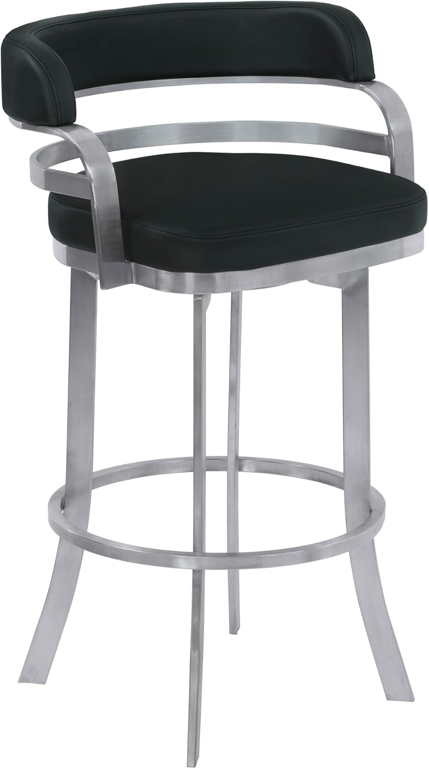 Armen Living Prinz 30" Bar Height Swivel Barstool in Black Faux Leather and Brushed Stainless Steel Finish