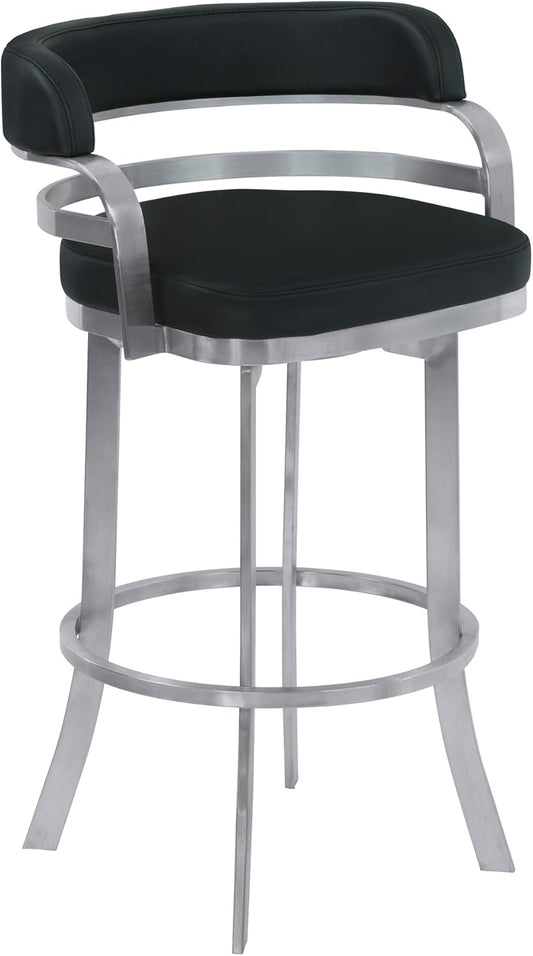 Armen Living Prinz 30" Bar Height Swivel Barstool in Black Faux Leather and Brushed Stainless Steel Finish