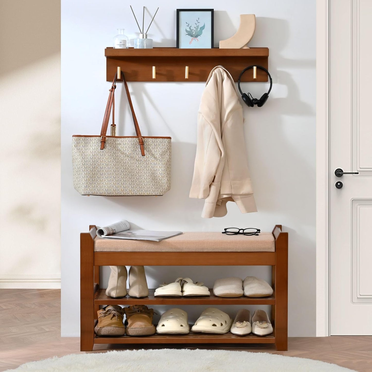 Shoe Rack for Front Door Entrance, 28” Entryway Bench with Coat Rack, Hall Tree Shoe Bench with Storage for Entry, Hallway, Bedroom, Living Room