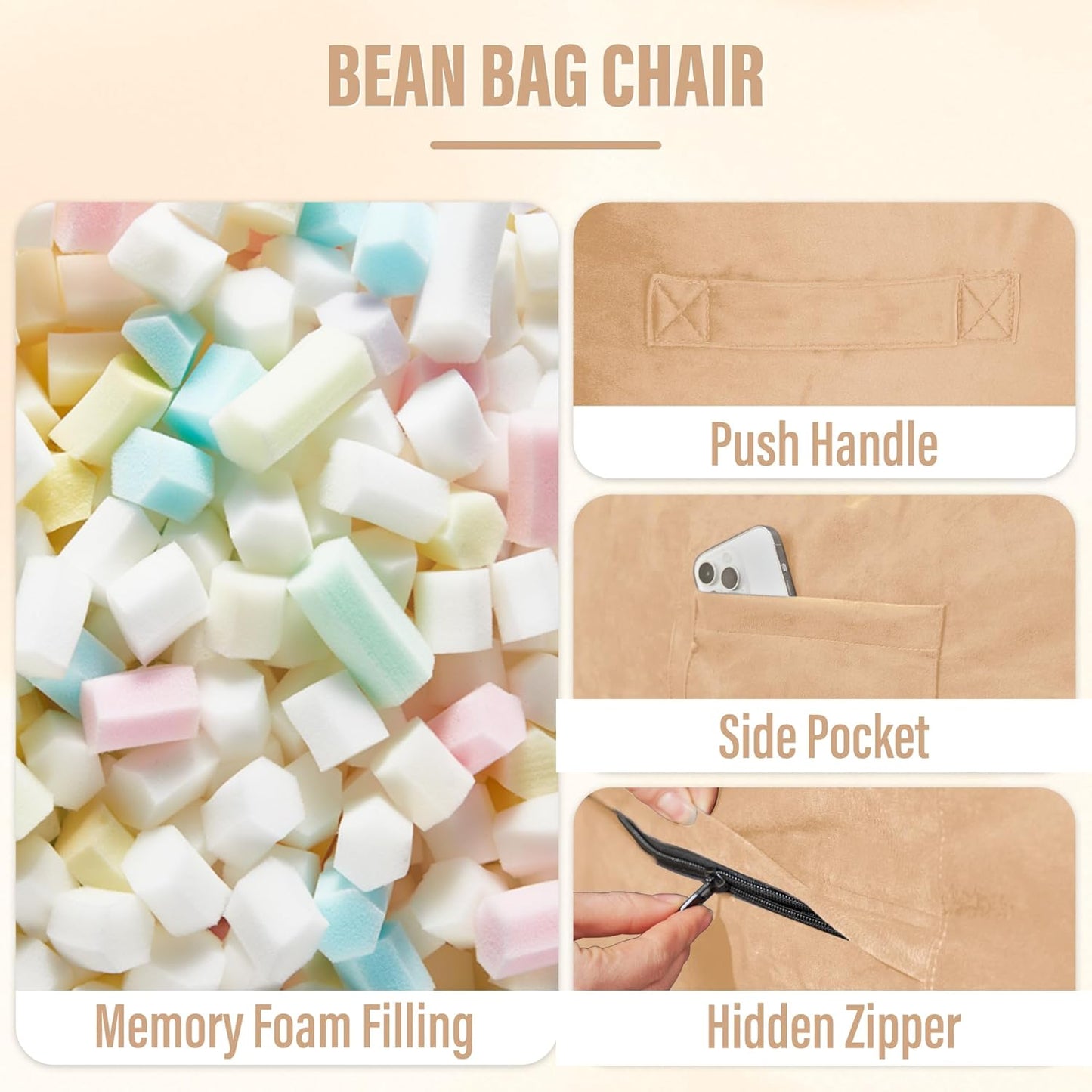 HABUTWAY Bean Bag Chair: Giant 6' Memory Foam Furniture Bean Bag Chair with Microfiber Cover - 6Ft,Khaki