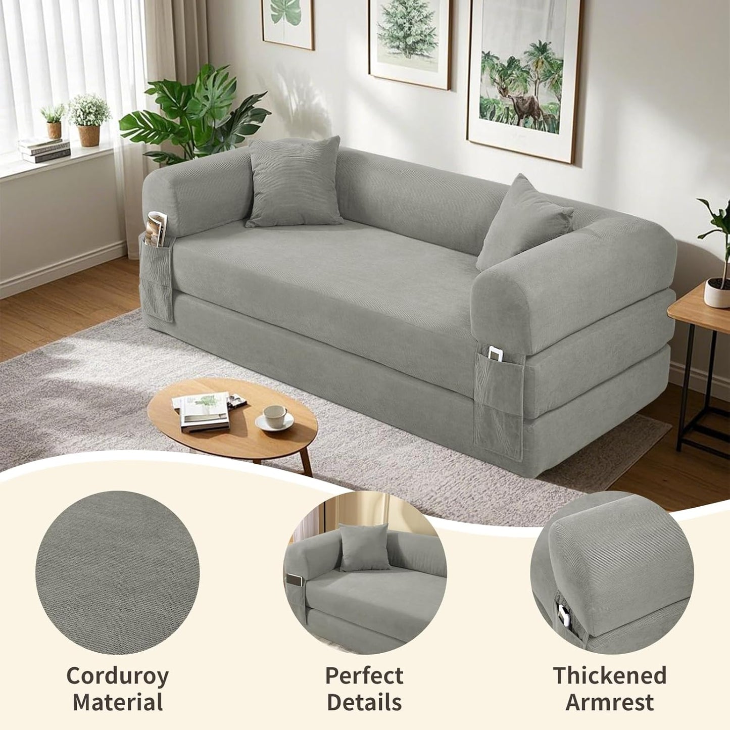 80" Convertible Sofa Bed, 3-in-1 Corduroy Folding Pull Out Couch with Pillows, No Assembly Modern Boneless Couch Compression Sofa in Box, Floor Sofa with Side Storage Pocket for Living Room,Light grey