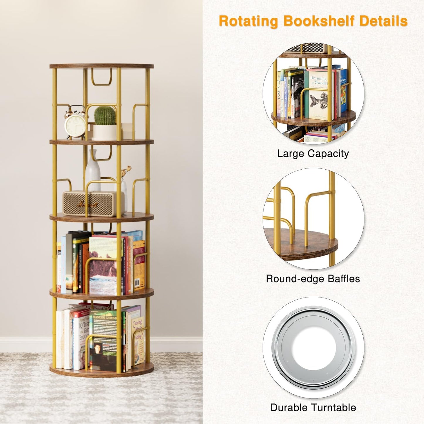 4 Tier Rotating Bookshelf, 360 Display Spinning Corner Bookshelf, Space Saving Metal Frame Bookcase for Living Room, Office, Bedroom, Gold