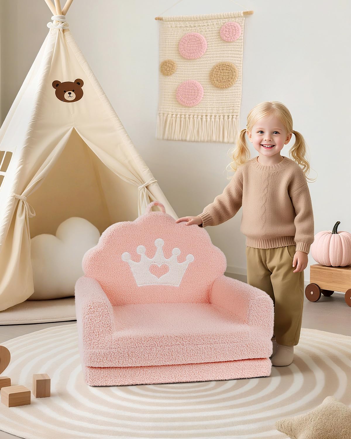 2-in-1 Kids Couch Fold Out, Soft Teddy Sherpa Toddler Couch with Crown Design, Convertible Kids Sofa to Lounger for Nap & Playtime, Cozy Children's Furniture for Boys & Girls, Pink