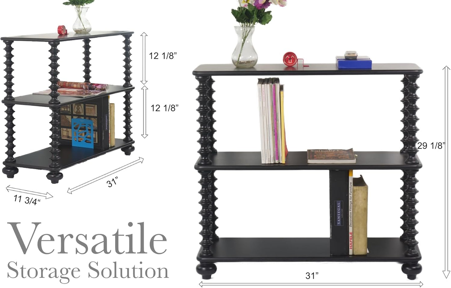 Book Shelf Black Bookcase - 3 Tier Bookshelf 31 Inches Wide - Book Shelves for Office Home Office Organization - 3 Shelf Bookshelf Printer Table - 3 Tier Shelf Living Room Storage Organizer