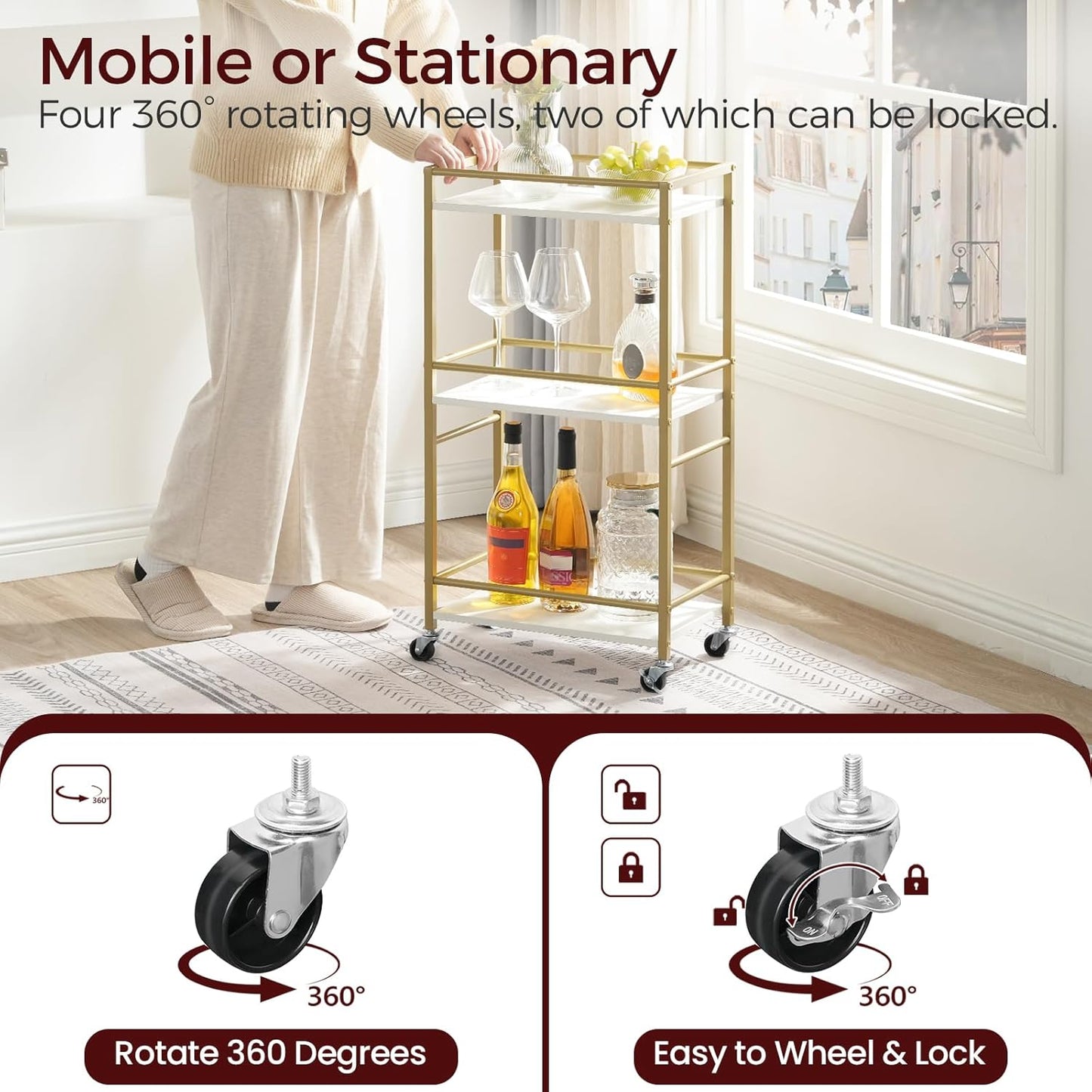 Bar Cart for The Home, 3-Tier Drink Cart on Wheels, Home Bar Serving Cart, Mini Bar Cart for Small Space, Rolling Kichen Carts for Bar, Kitchen, Dining Room, Gold RCJW4001