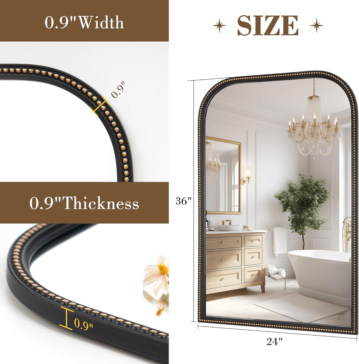 Axeman 24x36 Rounded Rectangular Wall Mirror, Decorative Bathroom Mirror, Traditional Vintage Wall Mounted Mirror with Beaded Frame for Accent Living Room Vanity Bedroom Entryway, Black