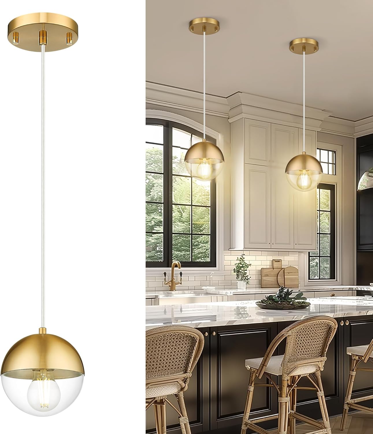 LMS 6-inch Modern Pendant Light, Brushed Gold Industrial Kitchen Island Pendant Light with Clear Globe Glass, Adjustable Hanging Pendant Light Fixtures for Dining Room Living Room, LMS-186BGCS