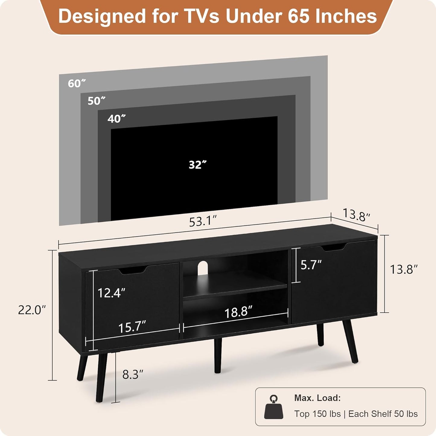 ALINE FURNITURE Black TV Stand with Storage - Media Console Cabinet for 50 55 60 Inch TVs - Entertainment Center - Wood TV Stands for Living Room