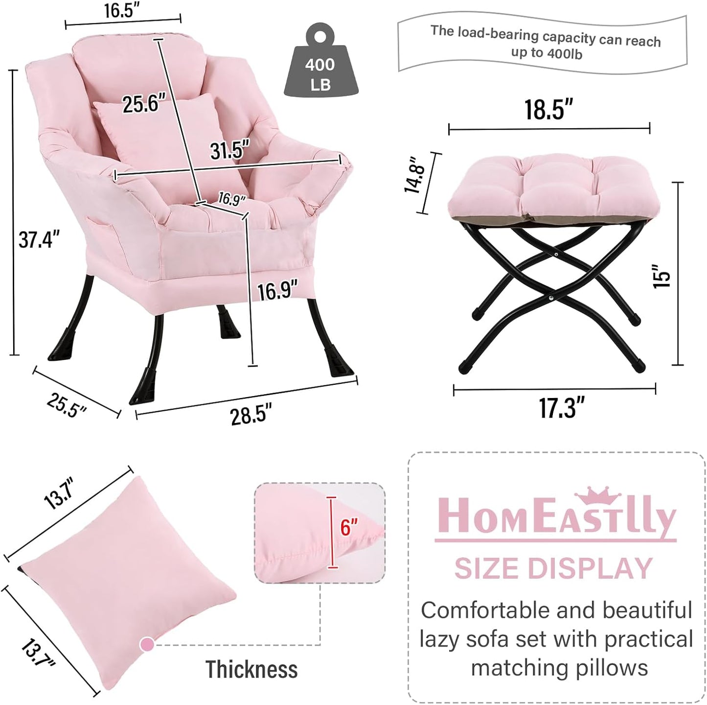 Large Lazy Chair with Ottoman, Accent Reading Chair with a Throw Pillow, Cozy Lounge Armchair, Leisure Sofa Chair for Living Room, Bedroom, Dorm, Peach Pink