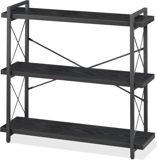 HCHQHS Bookshelf, 3-Tier Industrial Bookcase, Black Open Book Shelf, Freestanding Horizontal Bookshelves with Metal Frame