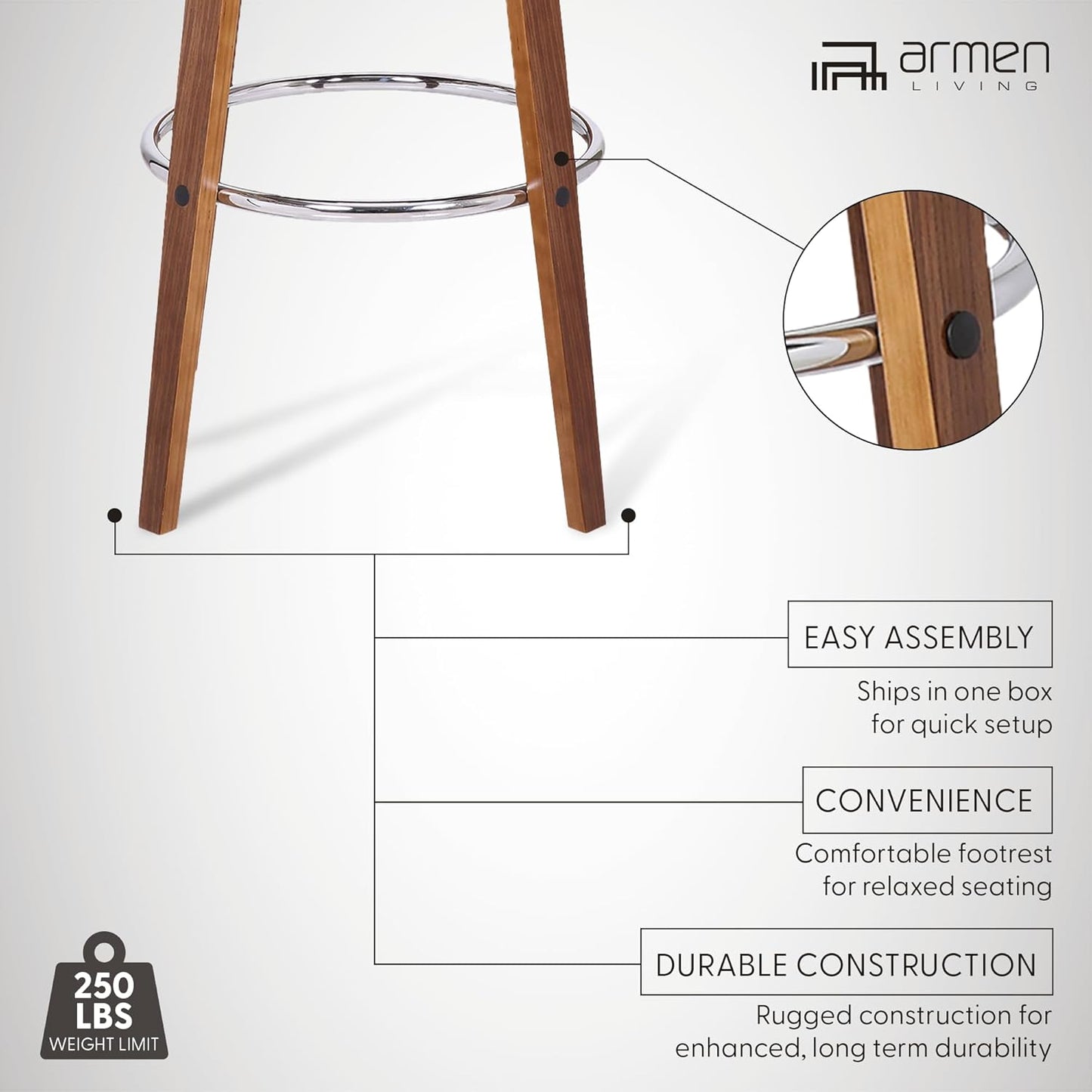 Armen Living Shelly 26" Counter Height Swivel Cream Faux Leather and Walnut Wood Bar Stool - Set of 2