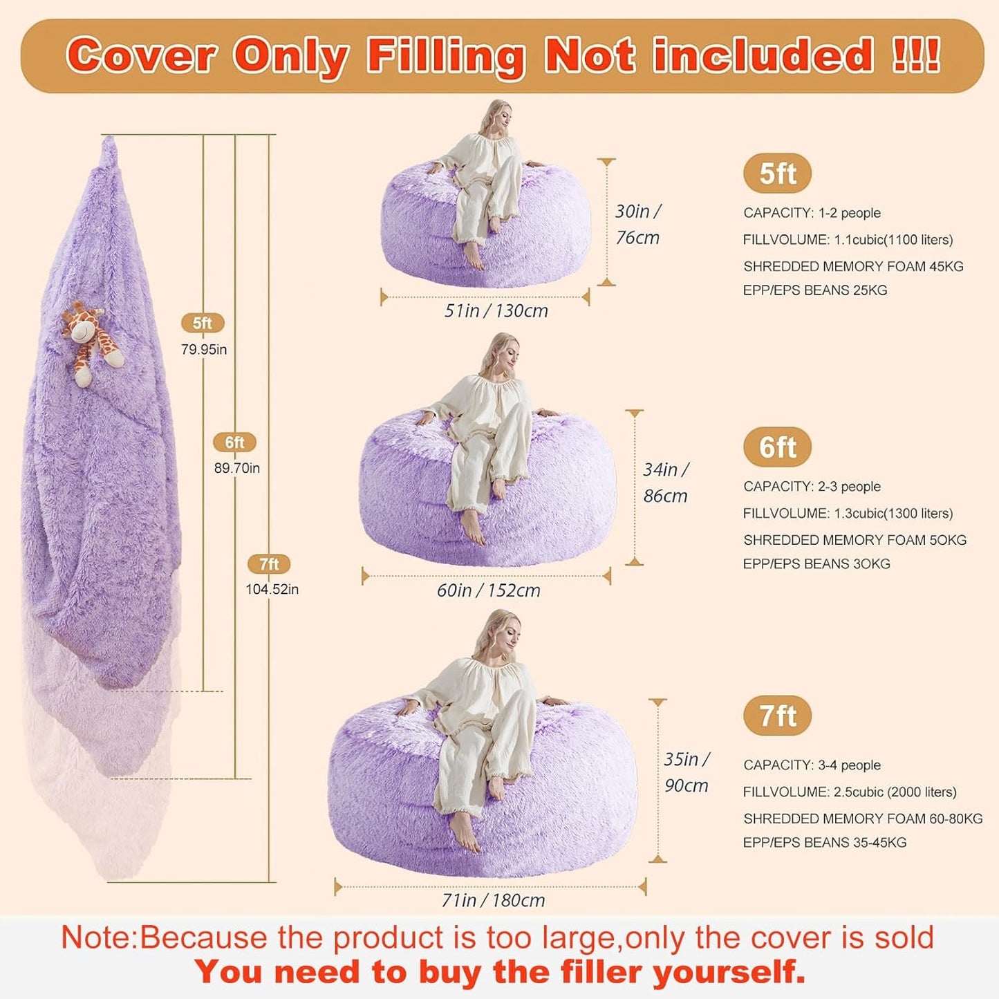 5FT Bean Bag Cover for Stuffed Animals Machine Washable, Gaming Bean Bag Chairs for Adults Teens Girls, Lovely Cute Bean Bag Storage Stuffed Animal, Purple