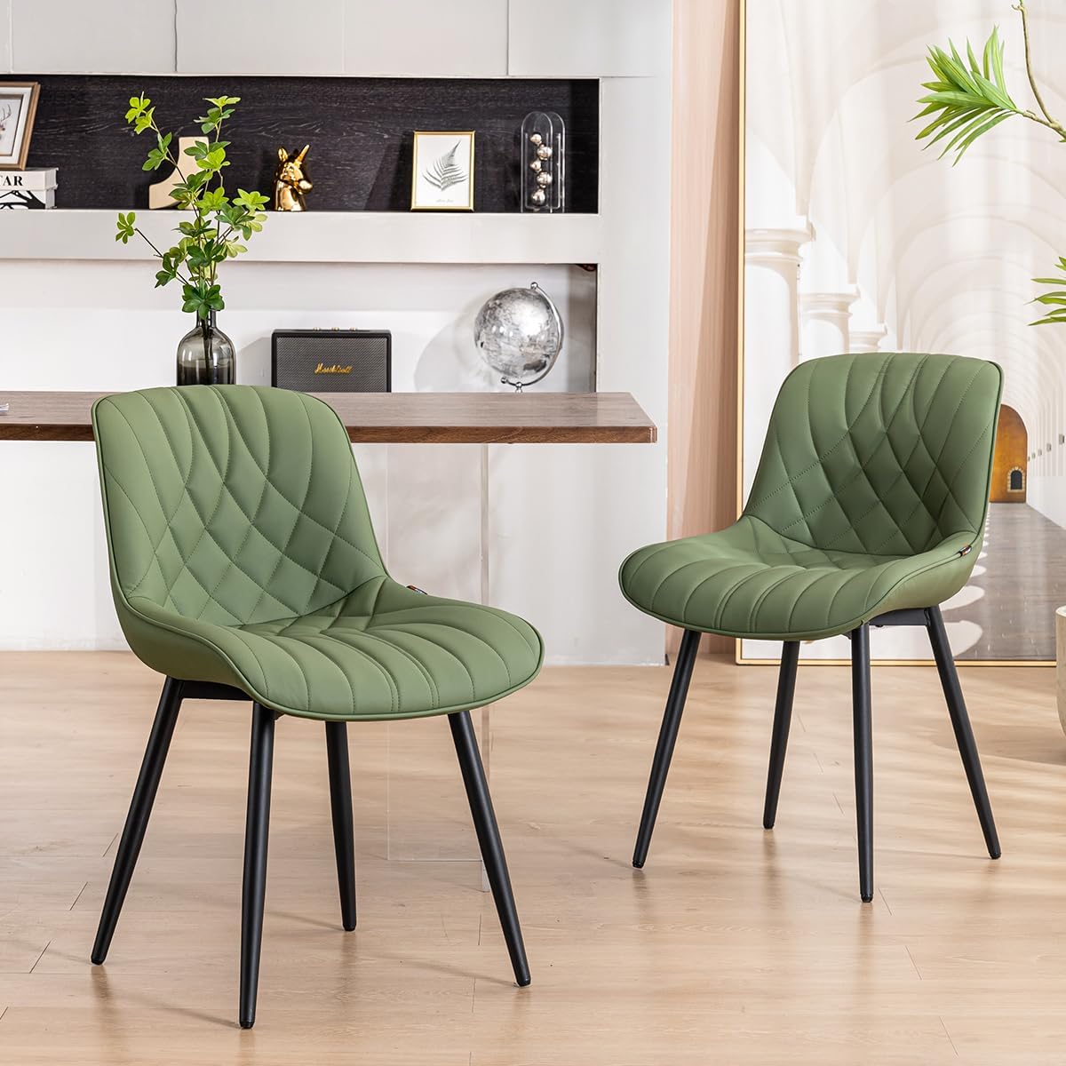 YOUNUOKE Dining Chairs Set of 2 Mid Century Modern Kitchen Chair Comfortable Upholstered Faux Leather Dinner Chairs for Kitchen Dining Room, Olive