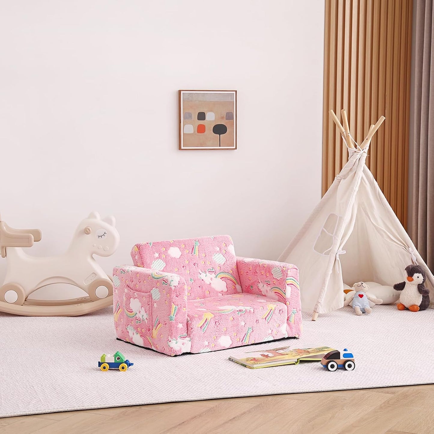 Tiita Kids Chair Couch, Folding Toddler Comfy Chair, 2-in-1 Kids Plush Sofa Fold Out, Baby Armrest Sofa to Lounger, Convertible Play Sofas to Bed for Girl or Boy, Pink Rainbow