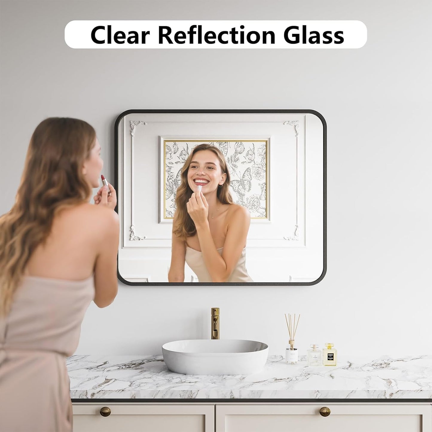 Koonmi Bathroom Mirror, 30X36 Inch Black Metal Framed Mirror for Bathroom, Tempered Glass, Anti-Rust, Rounded Rectangle Mirror for Restroom, Bedroom, Black