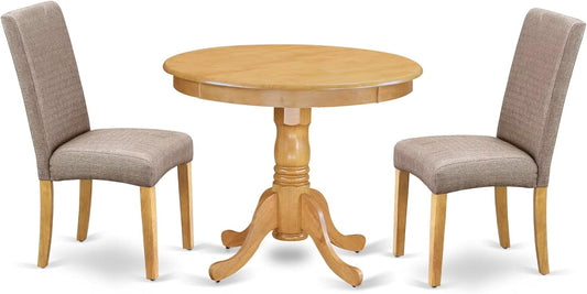 East West Furniture ANDR3-OAK-16 3 Piece Dining Table Set Contains a Round Kitchen Table with Pedestal and 2 Dark Khaki Linen Fabric Upholstered Kitchen Chairs, 36x36 Inch, Oak