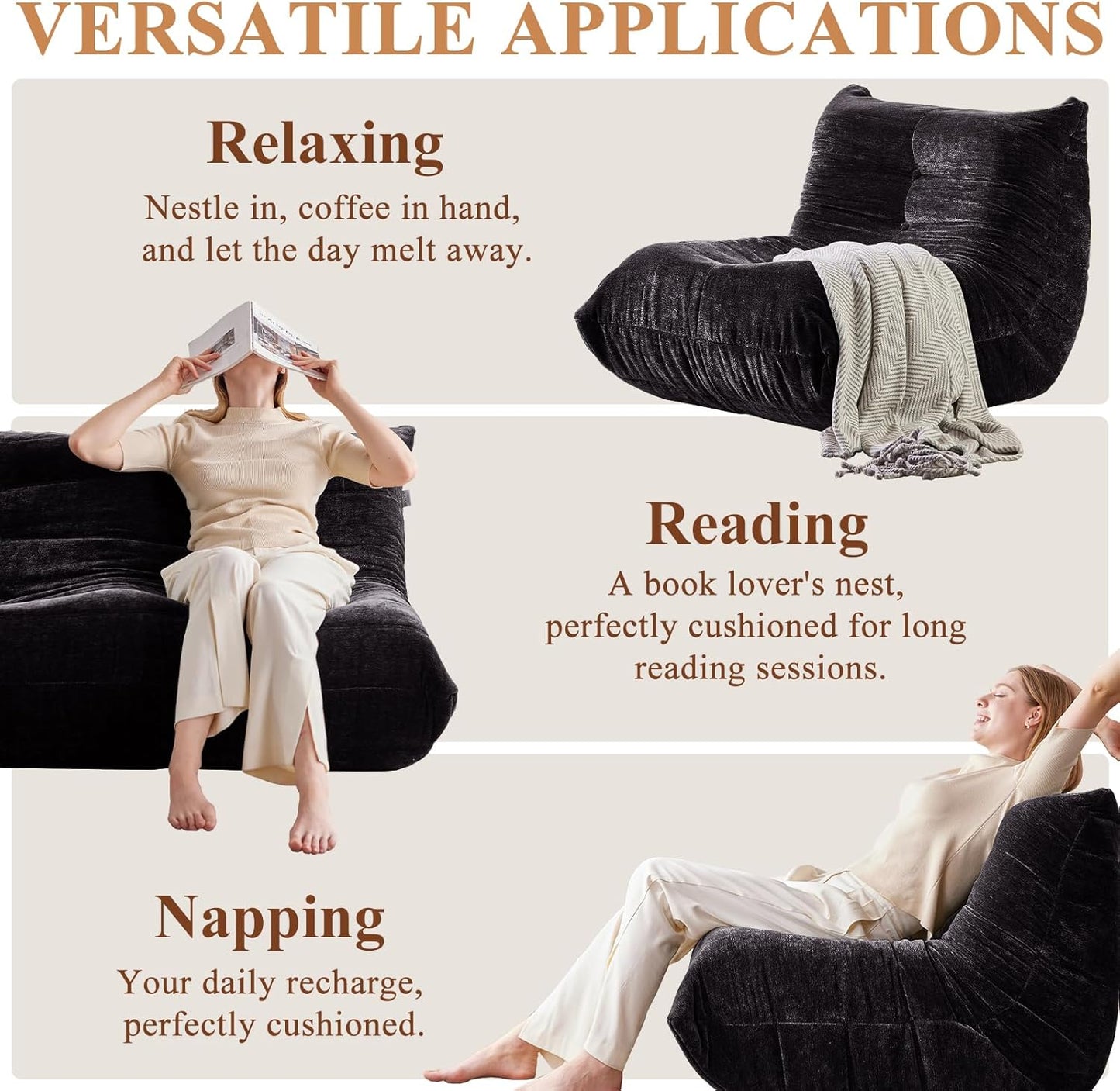 Bean Bag Chair, Loveseat Fireside Chair Large Bean Bag Sofa for Adults, Memory Foam Two Seater Couch Gaming Chairs with Comfy Design, Lazy Floor Sofa for Living Room, Bedroom, Dark Gray