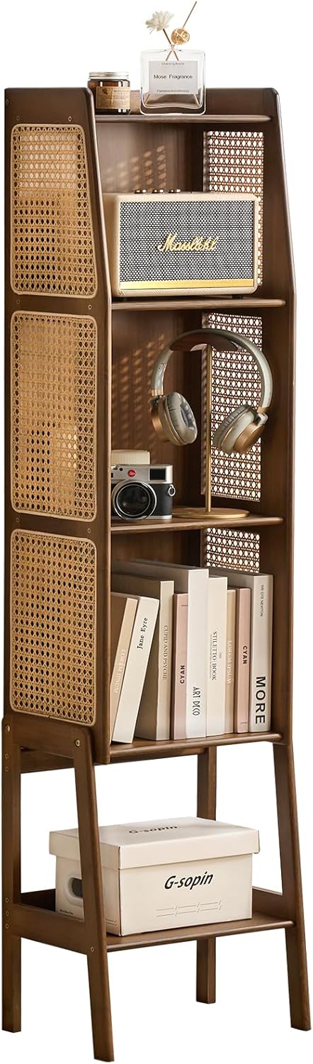 Welnow Bamboo Rattan Bookcase with Cabinet, 3-Tier Storage Shelf with Side Table & End Table Function, Large Modern Wood Organizer for Living Room or Bedroom, Walnut Bookshelf