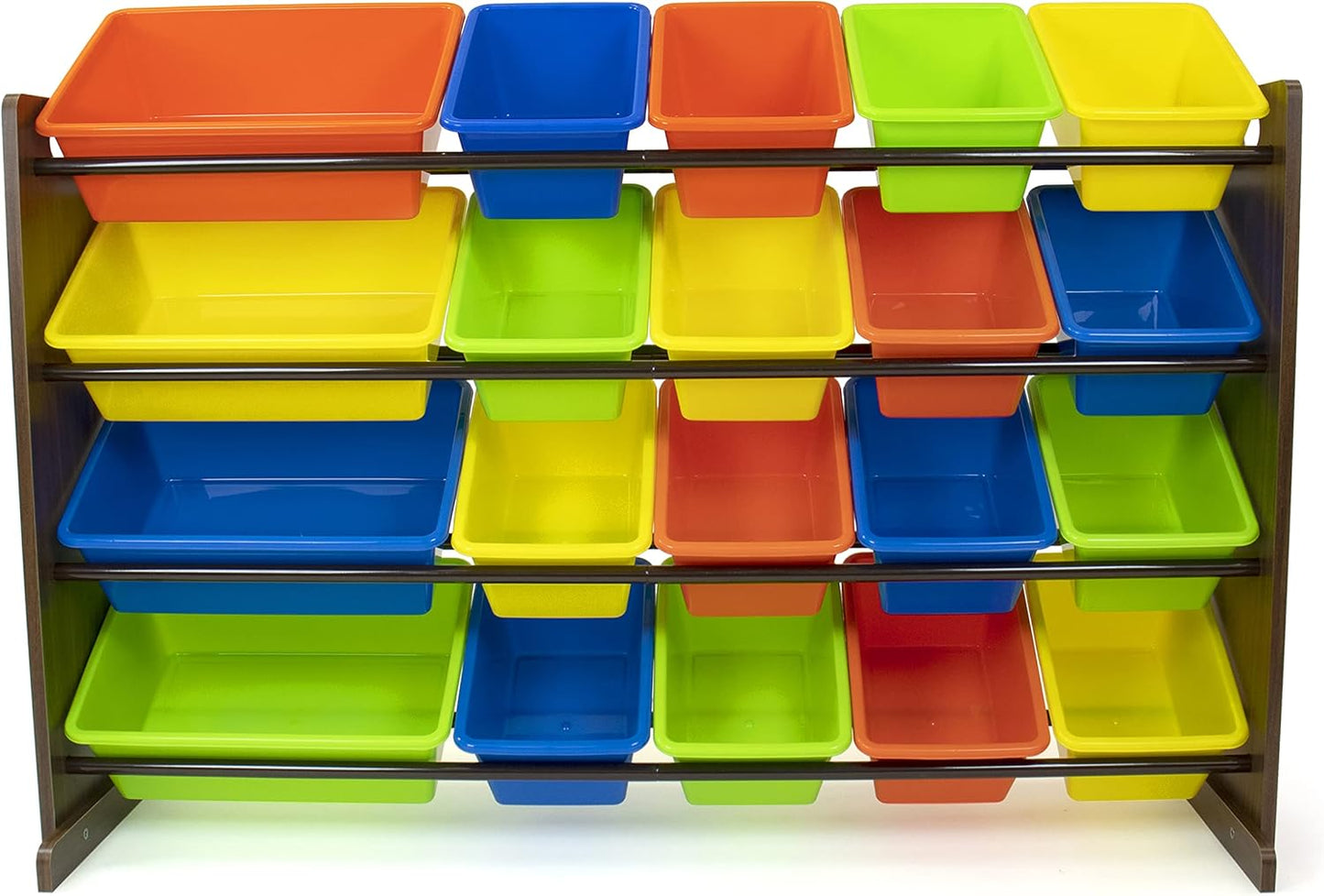 Humble Crew Extra-Large Toy Organizer with 20 Plastic Bins – Dark Walnut/Neon Storage Rack with 4-Tier Shelves, Anti-Tip Safety, for Kids’ Rooms, Playrooms, Nurseries & Classrooms