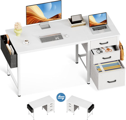 Casaottima 40" Small Computer Home Office Desk for Bedroom with Fabric Drawers & File Cabinet, Cloth Storage Bag and Hook, Writing Study Work Table for Small Space, White