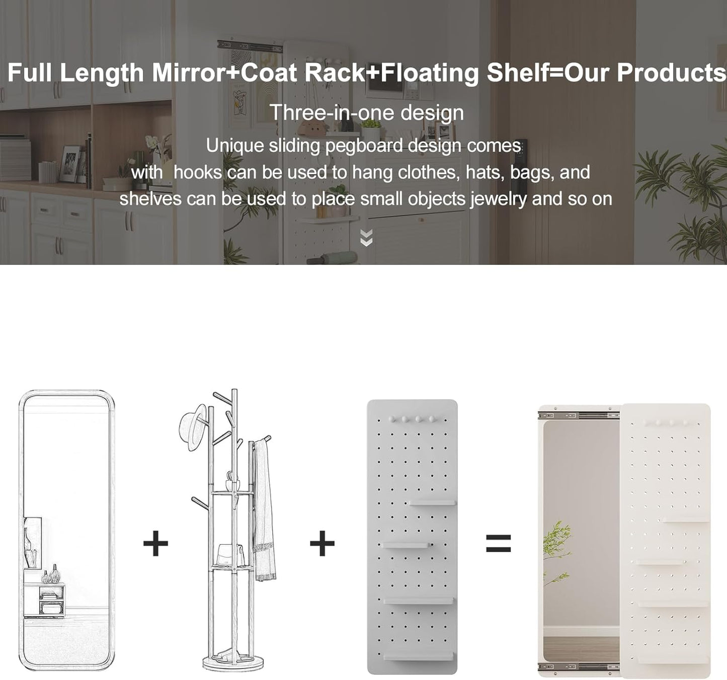 KungFuWood Full Length Mirror with Shelf and Hooks,Entry Way Mirrors for Wall,Wall Mirror with Shelf,Wall Mirror with Storage Multifunctional Design Panel,Living Room