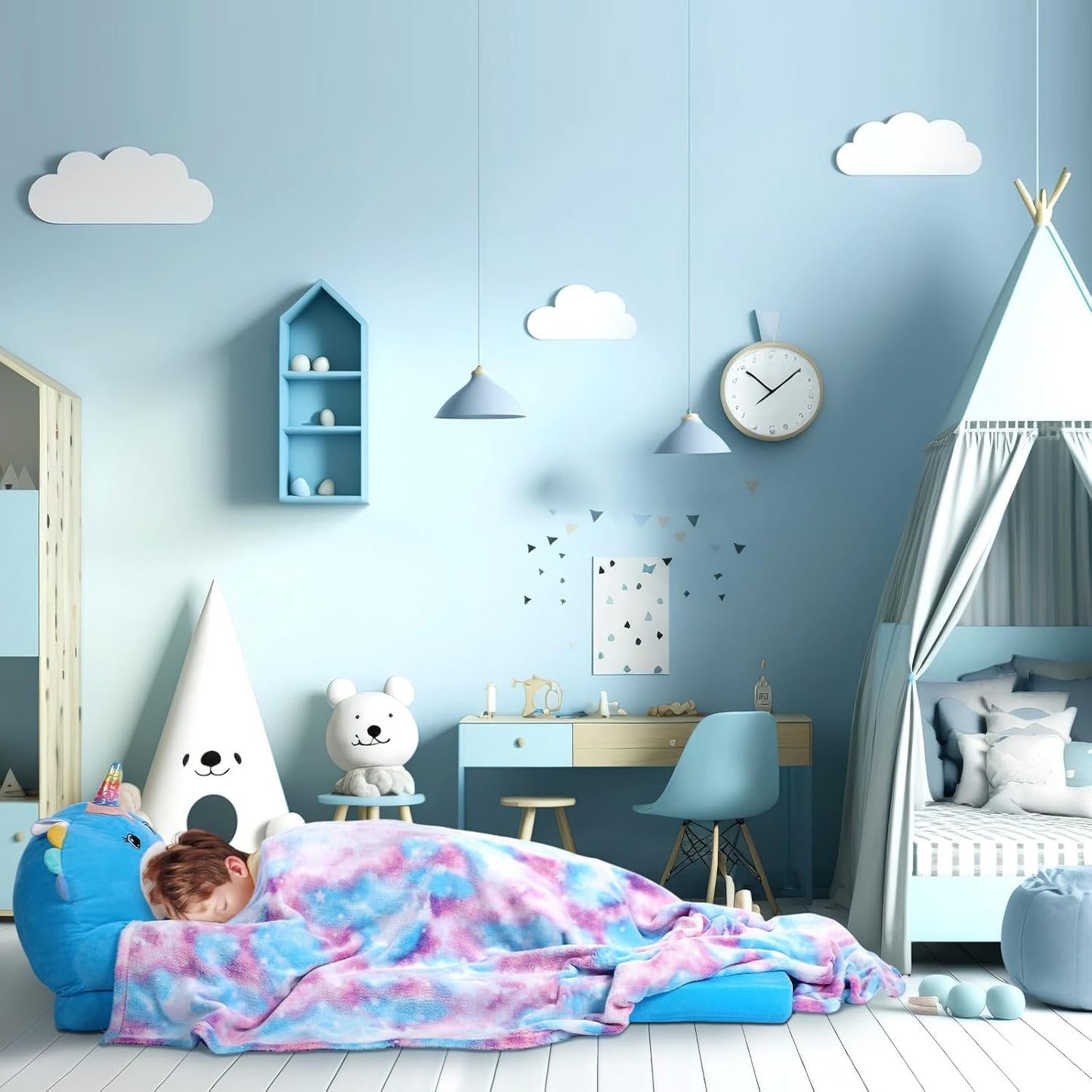 Unicorn Kids Couch Fold Out 2-in-1 Toddler Sofa Fold Out with Blanket, Soft Toddler Chair Comfy for Boys Girls Baby, Convertible Sofa to Lounger for Napping Reading Playing Christmas, Blue