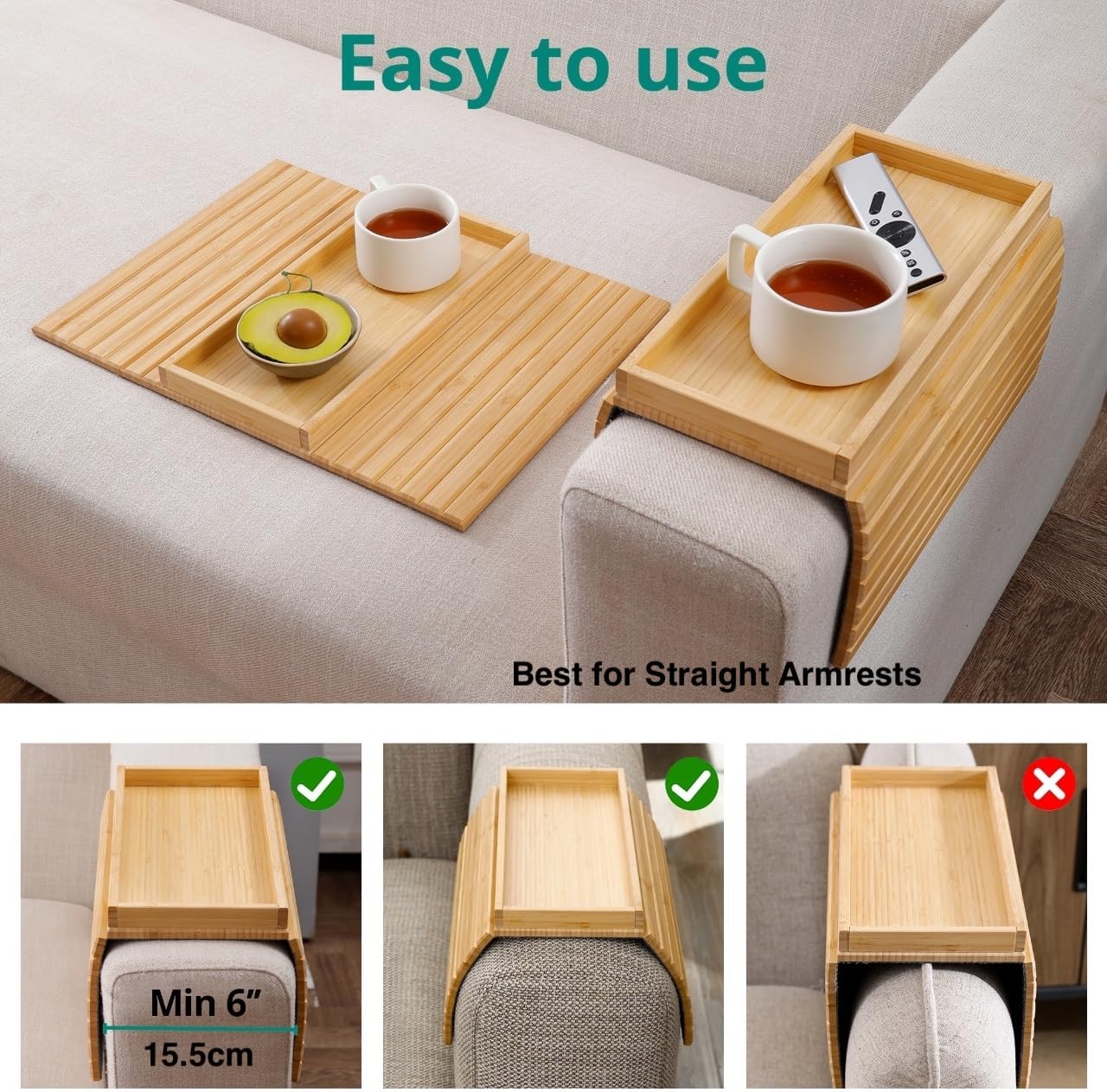 DETOR Couch Arm Tray, Foldable Sofa TV Tray with Capacious 12.4" x 5.4" Storage Box, Natural Bamboo Finish, Enhanced Nonslip Felt Bottom, Sturdy Bamboo Slats Material | for Armrests 6" and Wider