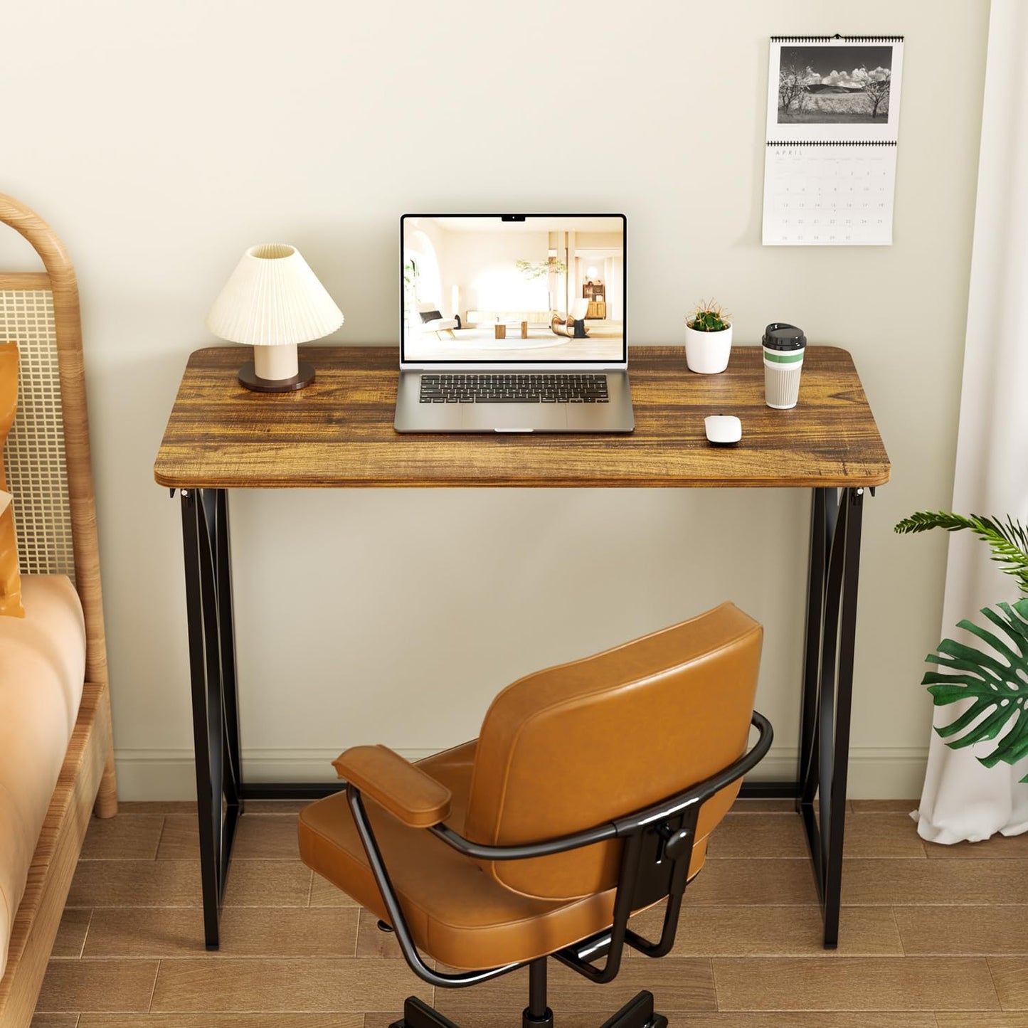 Folding Desk, 31.5" Small Desk for Bedroom, Space Saving Foldable Computer Desk for Home Office, Easy Assembly, Brown