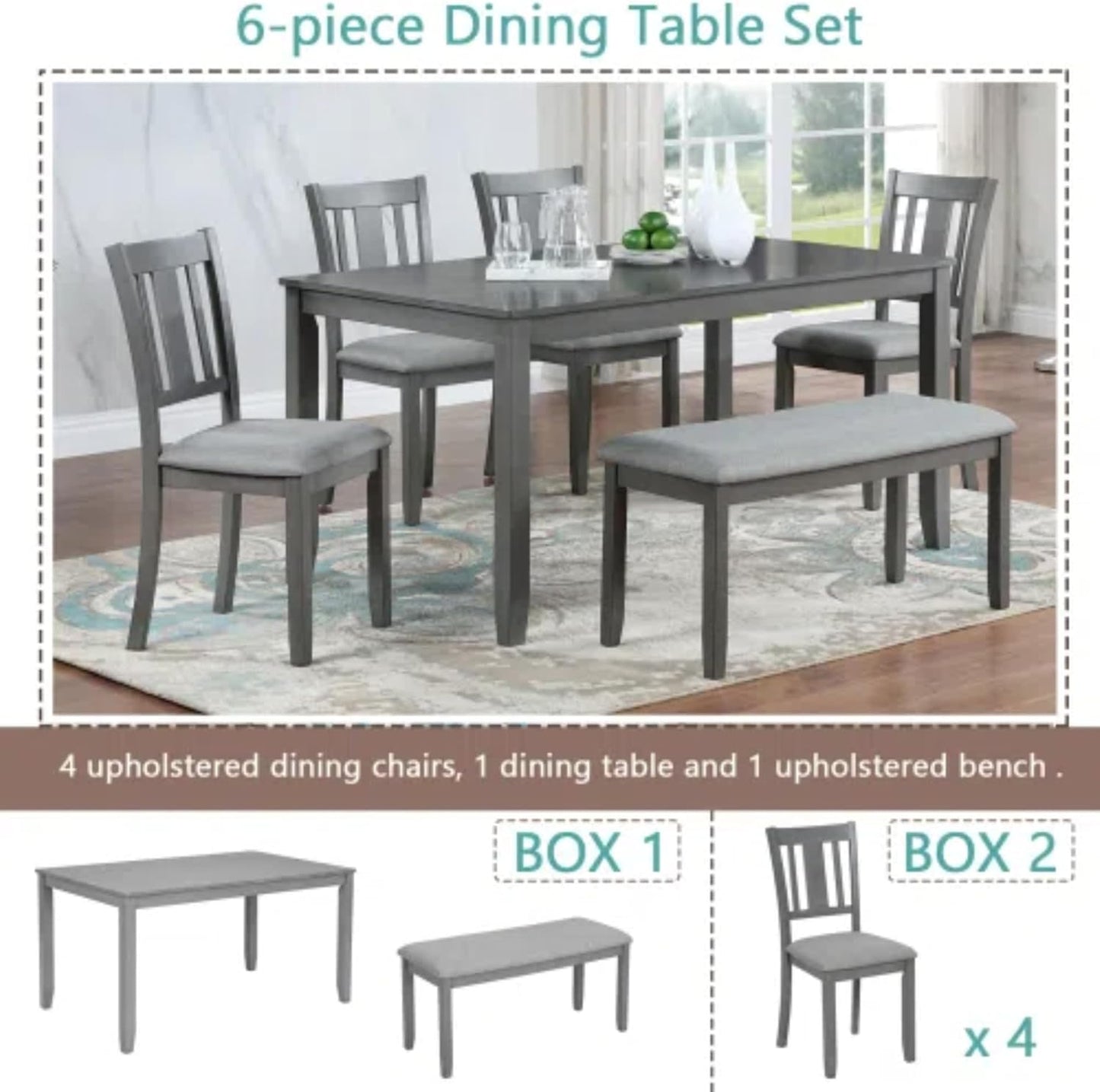 6-Piece Dining Table Set for 4-6 People, Kitchen Set with 4 Upholstered Chairs and One Bench, Living Room Chairs with Slatted Backrest, Rectangular Wooden Table for Home Bar and Kitchen, Gray