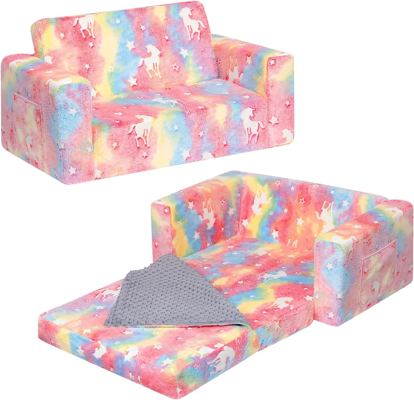 ALIMORDEN Fold Out Toddler Couch, Extra Wide Comfy 2-in-1 Cuddly Sherpa Sofa for Kids, with Removable Baby Friendly Blanket, Convertible Sofa to Bed, Unicorn