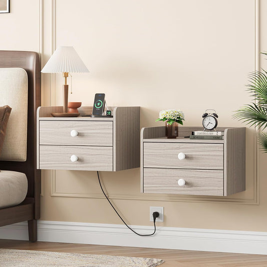 Floating Nightstand Set of 2 with 2 Storage Drawers and Charging Station Wood Wall Mounted Bedside End Table Modern Night Stands Set 2 for Bedroom,Small Space,Grey