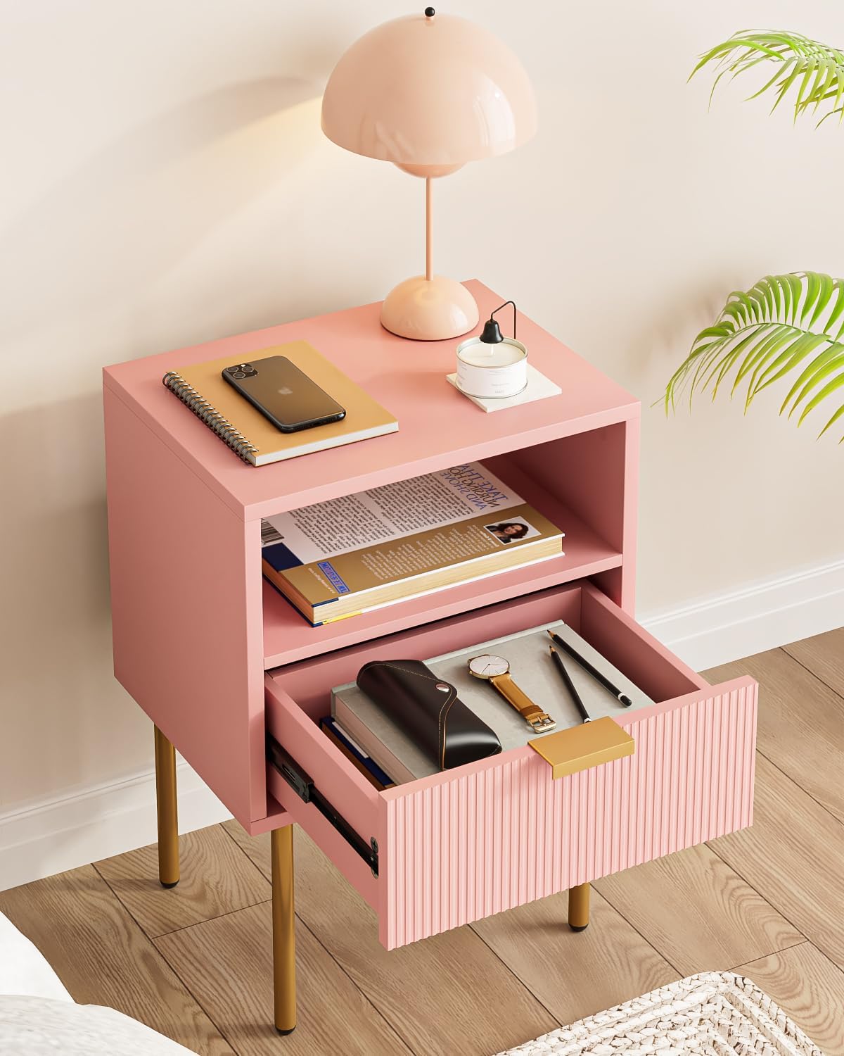 Nightstand,Morden Bedside Table with Gold Frame,Small White Night Stand,End Table,Bedside Furniture,Side Table with Drawer and Shelf for Bedroom,Living Room (1Drawer, Pink)