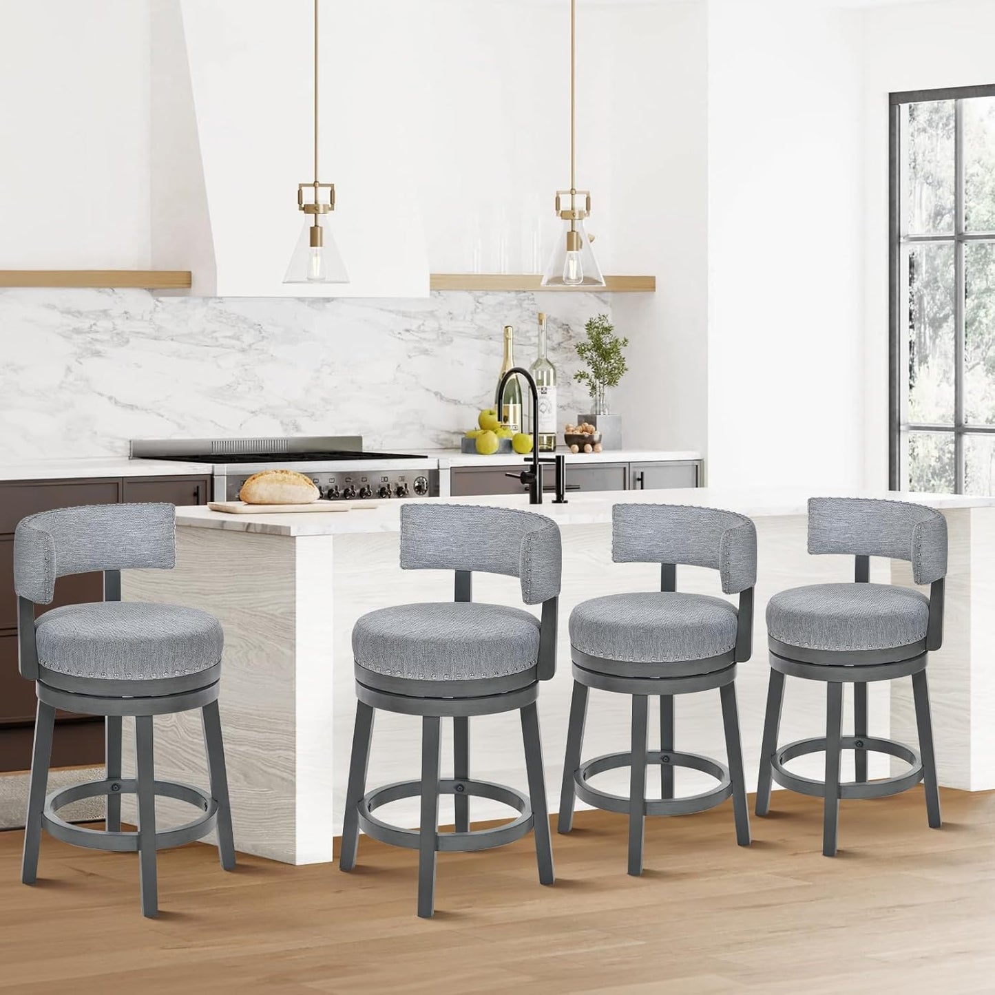 COLAMY Swivel Counter Height Bar Stools Set of 4, 25 Inch Modern Upholstered Kitchen Island Barstools with Back, Wood Swivel Bar Chairs for Counter Bar Dining Room, Grey