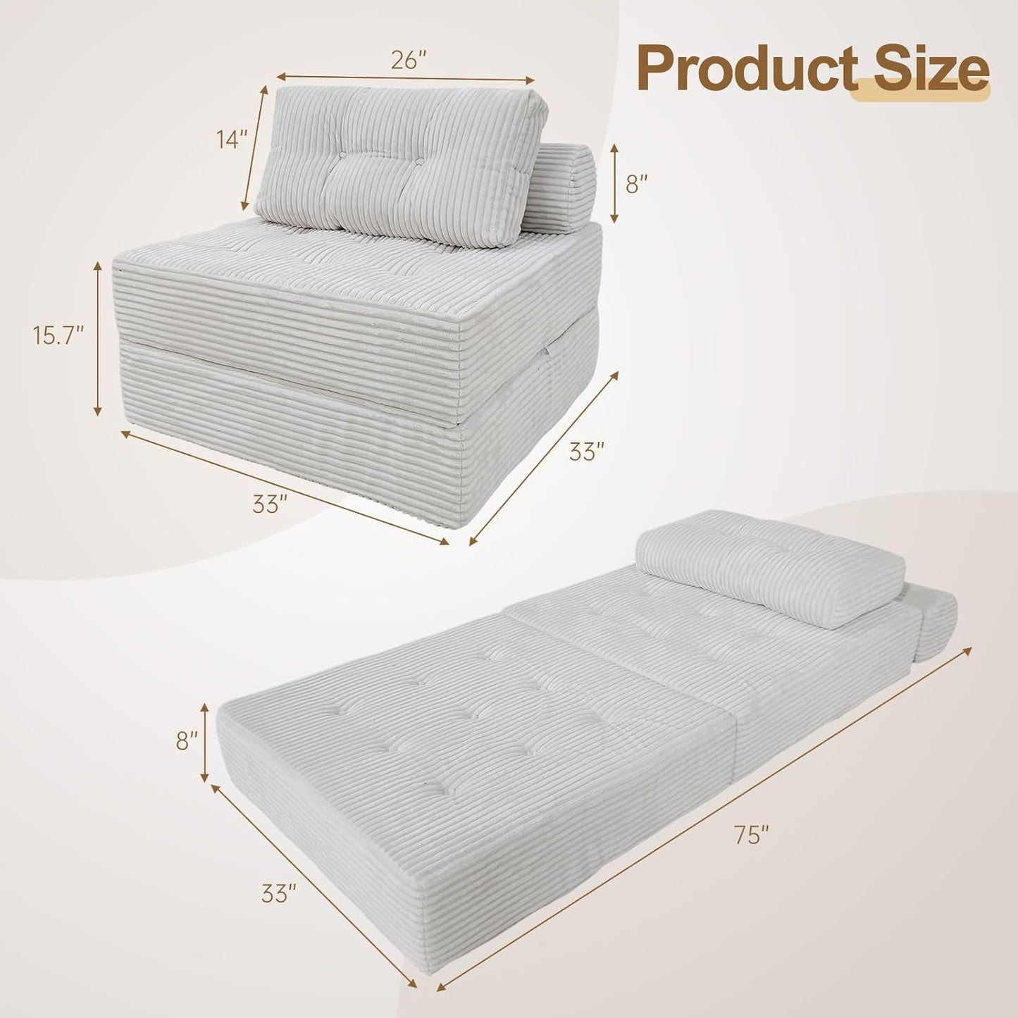 ANONER Folding Sofa Bed, Versatile Convertible Sleeper Chair with Pillow, Futon Fold Out Chair Bed, Memory Foam Chaise Lounge, Cozy Floor Couch for Living Room and Bedroom, Beige
