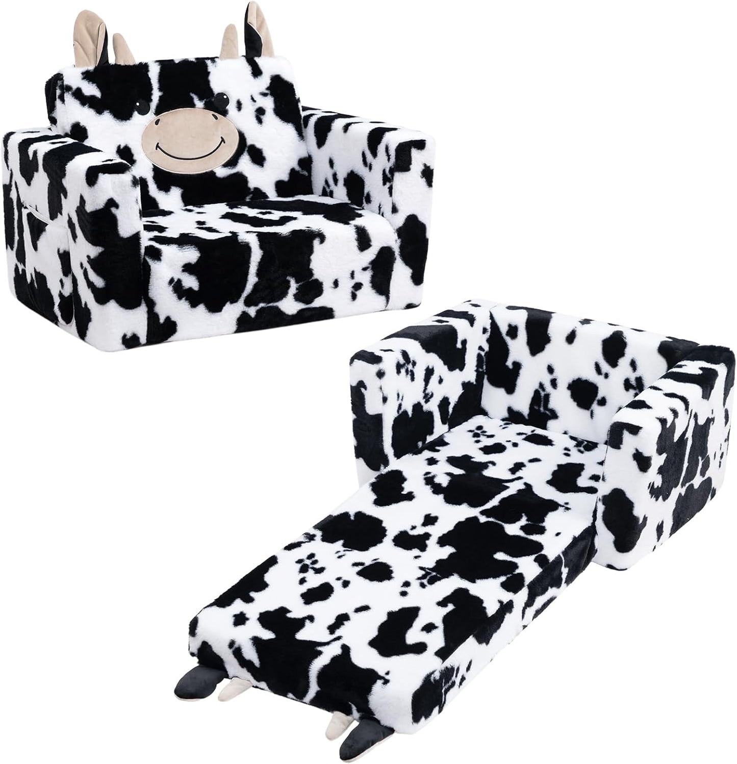 ALIMORDEN Fold Out Toddler Couch, Comfy 2-in-1 Cuddly Sherpa Bear Chair for Kids, Convertible Sofa to Lounger, Kids Cozy Corner Play Couch for Boys and Girls, Cow
