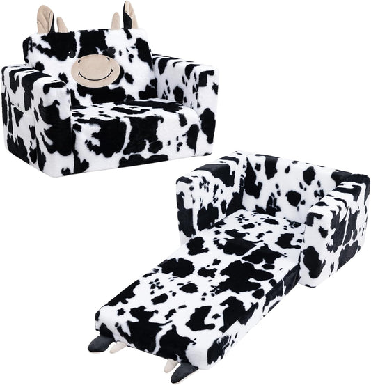ALIMORDEN Fold Out Toddler Couch, Comfy 2-in-1 Cuddly Sherpa Bear Chair for Kids, Convertible Sofa to Lounger, Kids Cozy Corner Play Couch for Boys and Girls, Cow