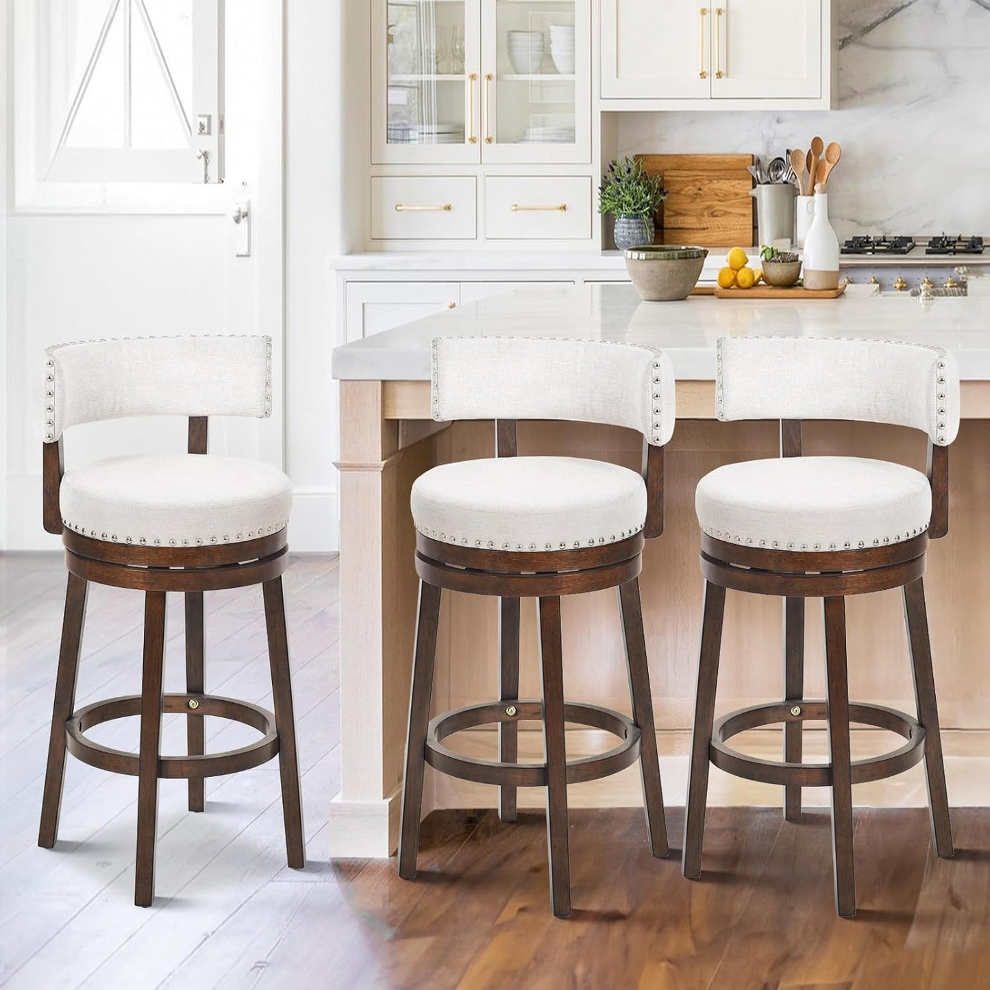 COLAMY Swivel Bar Stools Set of 3, Swivel Counter Height Barstools with Back, 30 Inch Modern Upholstered Bar Stools for Kitchen Island Dining Room Bar, Beige