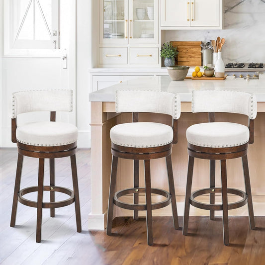 COLAMY Swivel Bar Stools Set of 3, Swivel Counter Height Barstools with Back, 30 Inch Modern Upholstered Bar Stools for Kitchen Island Dining Room Bar, Beige