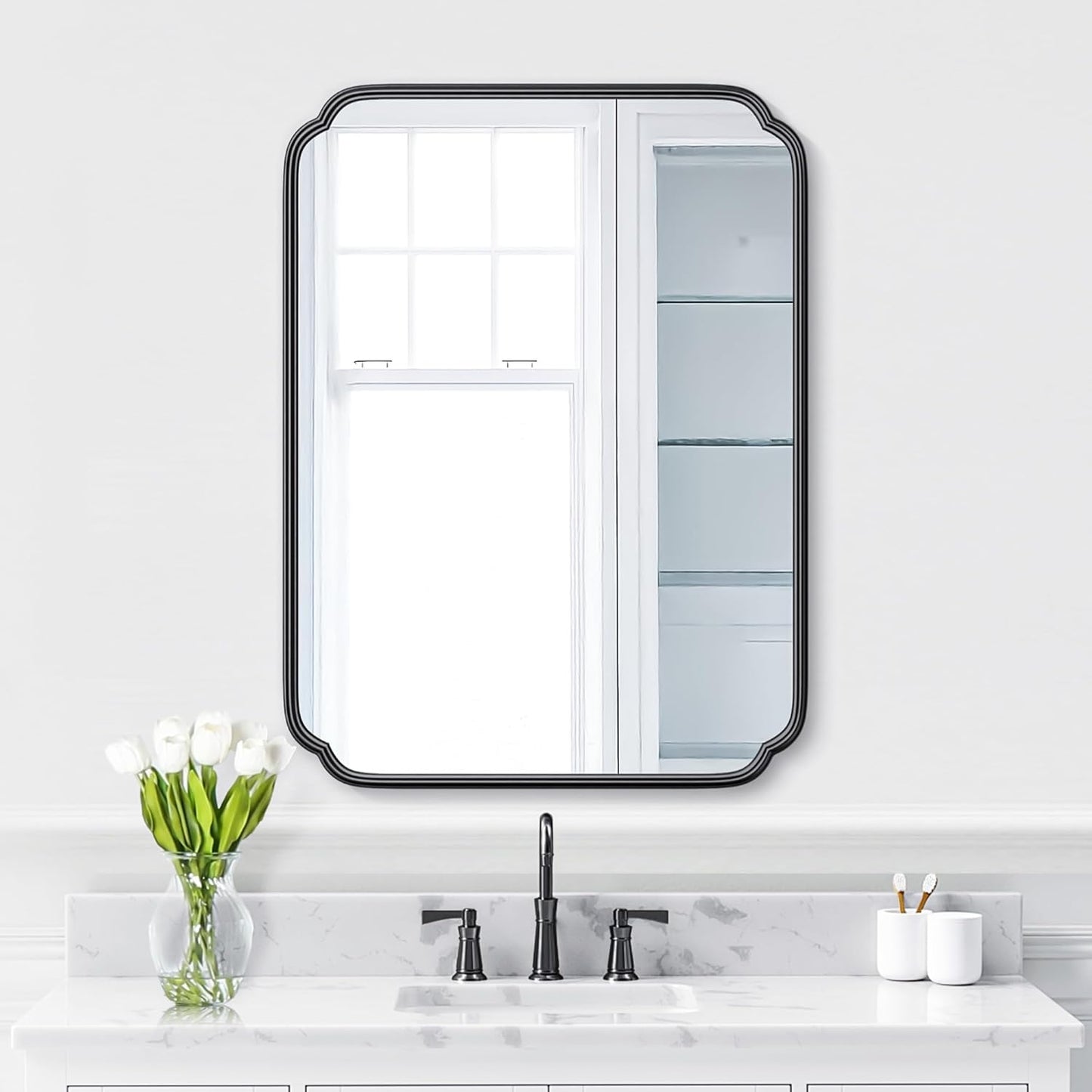28"x36" Black Bathroom Mirror with Rustproof Metal Frame, Modern Rounded Corner Wall Mirror for Vanity Over Sink, Horizontal/Vertical Hanging