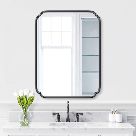 28"x36" Black Bathroom Mirror with Rustproof Metal Frame, Modern Rounded Corner Wall Mirror for Vanity Over Sink, Horizontal/Vertical Hanging