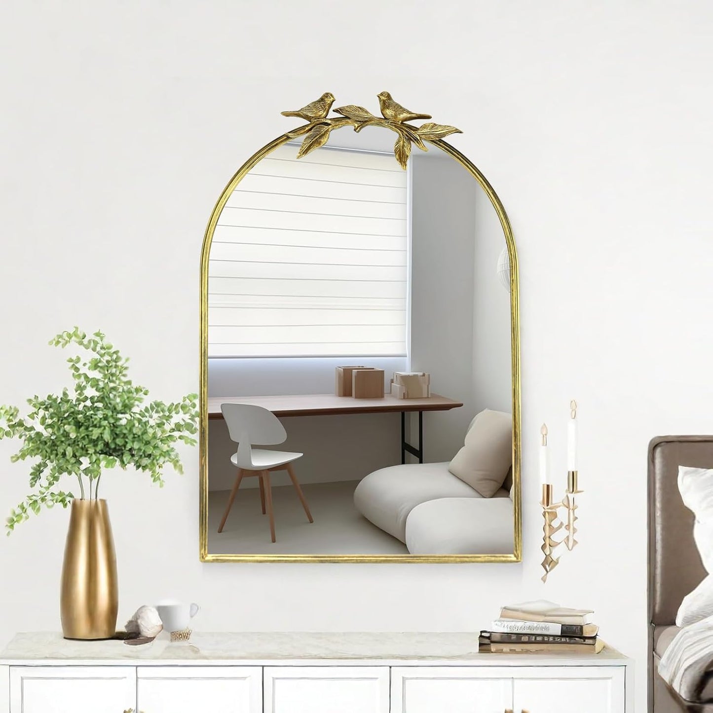 Gold Vintage Mirror for Vanity 24x35 Inch Gold Antique with Ornate Frame, Arched Vintage Wall for Bathroom, Living Room, Fireplace, Entryway