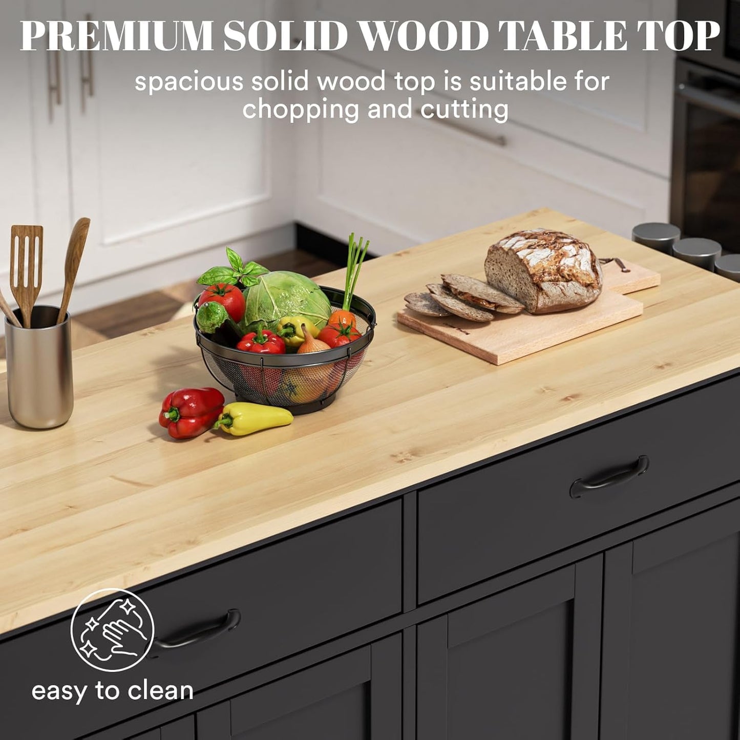 Rovibek Large Wood Island Table with Storage, 54 in Width, Portable Moveable Kitchen Island on Wheels, Black with Drawers Cabinet Spice Rack Towel Rack