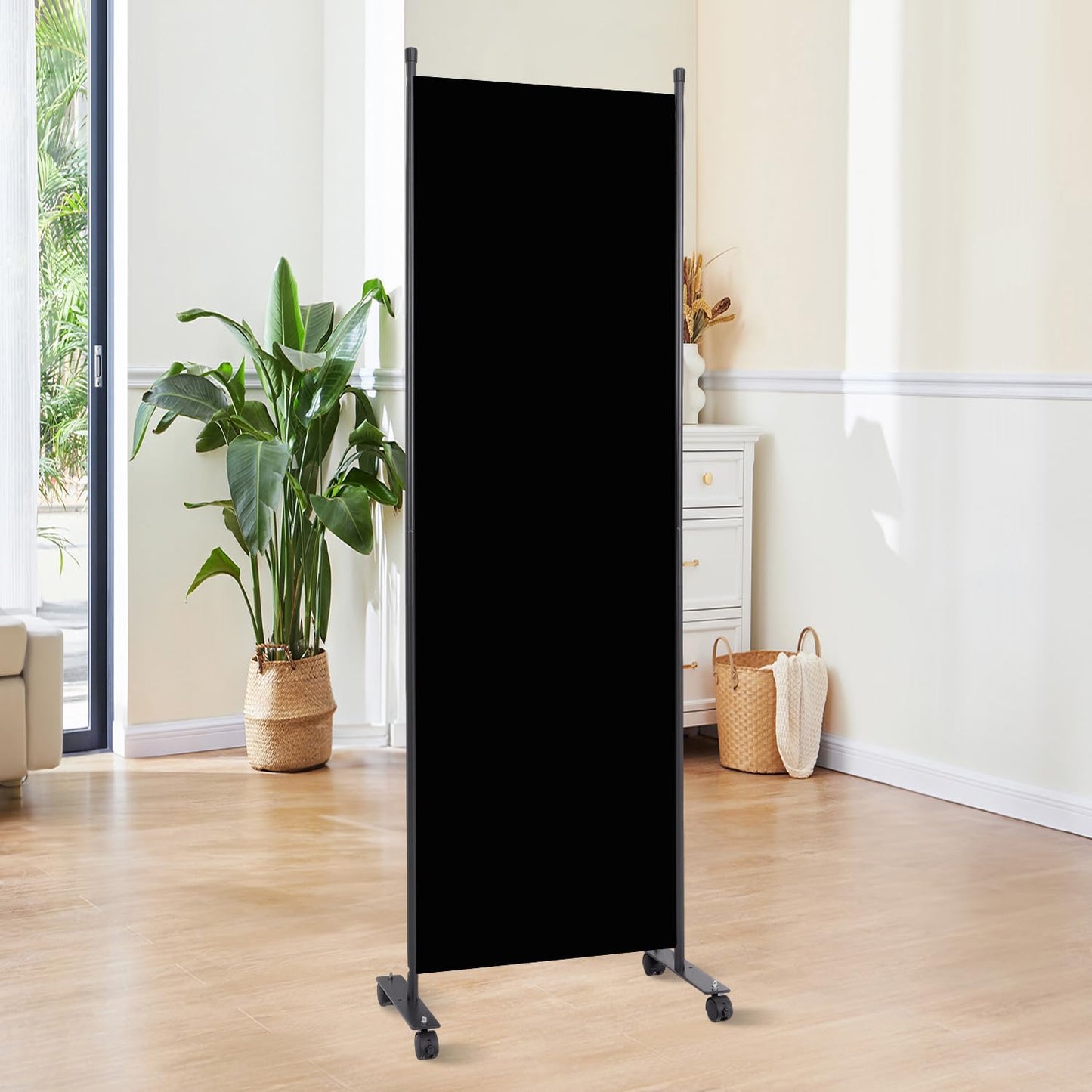Room Divider 6FT Room Partition with Lockable Wheels, (Thicked Metal Base) Room Dividers, Freestanding Indoor Folding Privacy Screens, Portable Fabric Wall Divider for Room Separation, Black