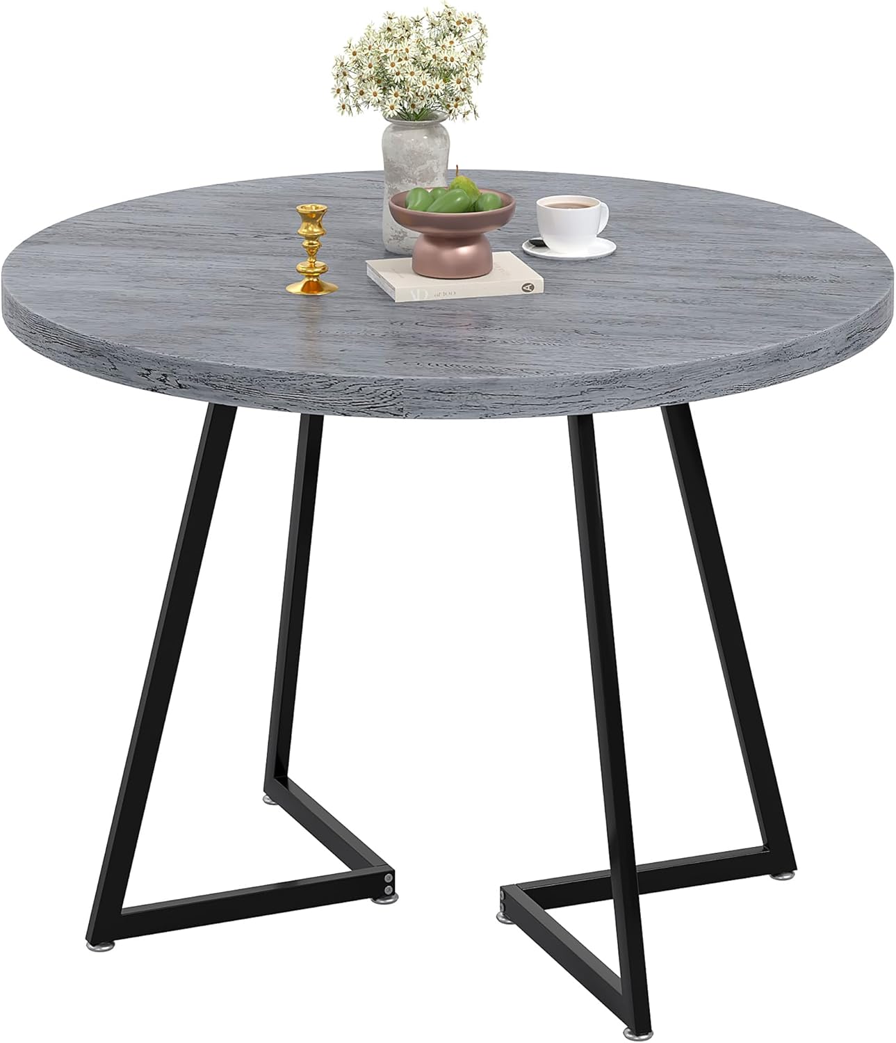 VECELO 35" Round Dining Table for 4, Wood-Grain Tabletop & Heavy-Duty Steel Frame, for Kitchen, Living Room, Easy Assembly, Light Grey