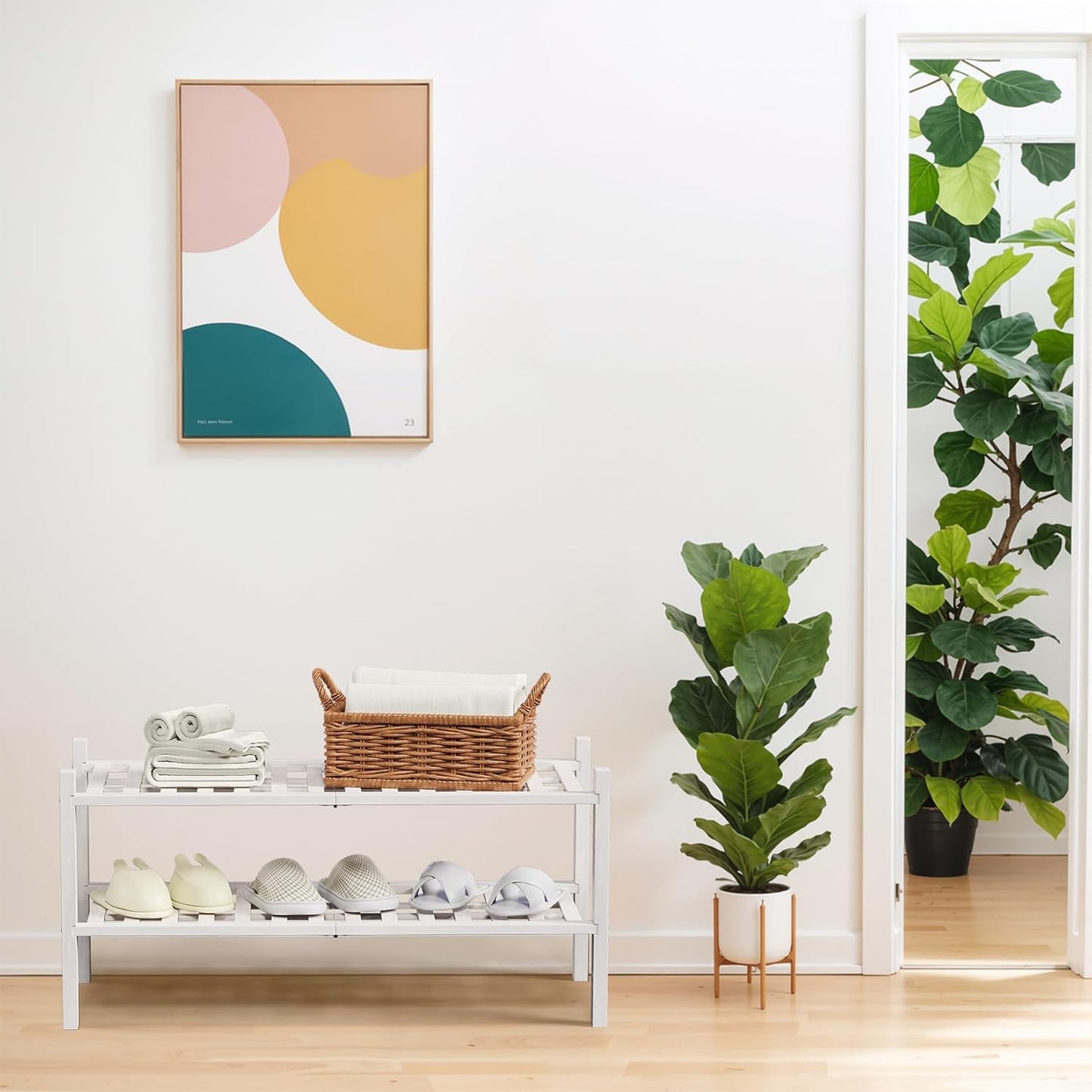 Haddockway 2 Tier Bamboo Shoe Rack Storage Organizer, Multifunctional Free Standing Stackable Shoe Shelf with Grid Panel for Closet,Hallway,Entryway,Small Space 27"x11"x13" (White, 2 Tier)