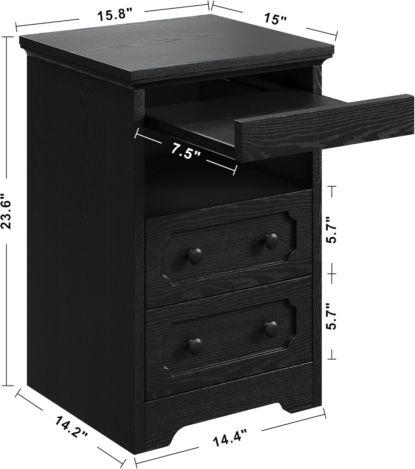 LIKIMIO Night Stand, Modern Bedside Table with 2 Drawers, Open Shelf, End Table with Pull-Out Tray, Wood SideTable, Black