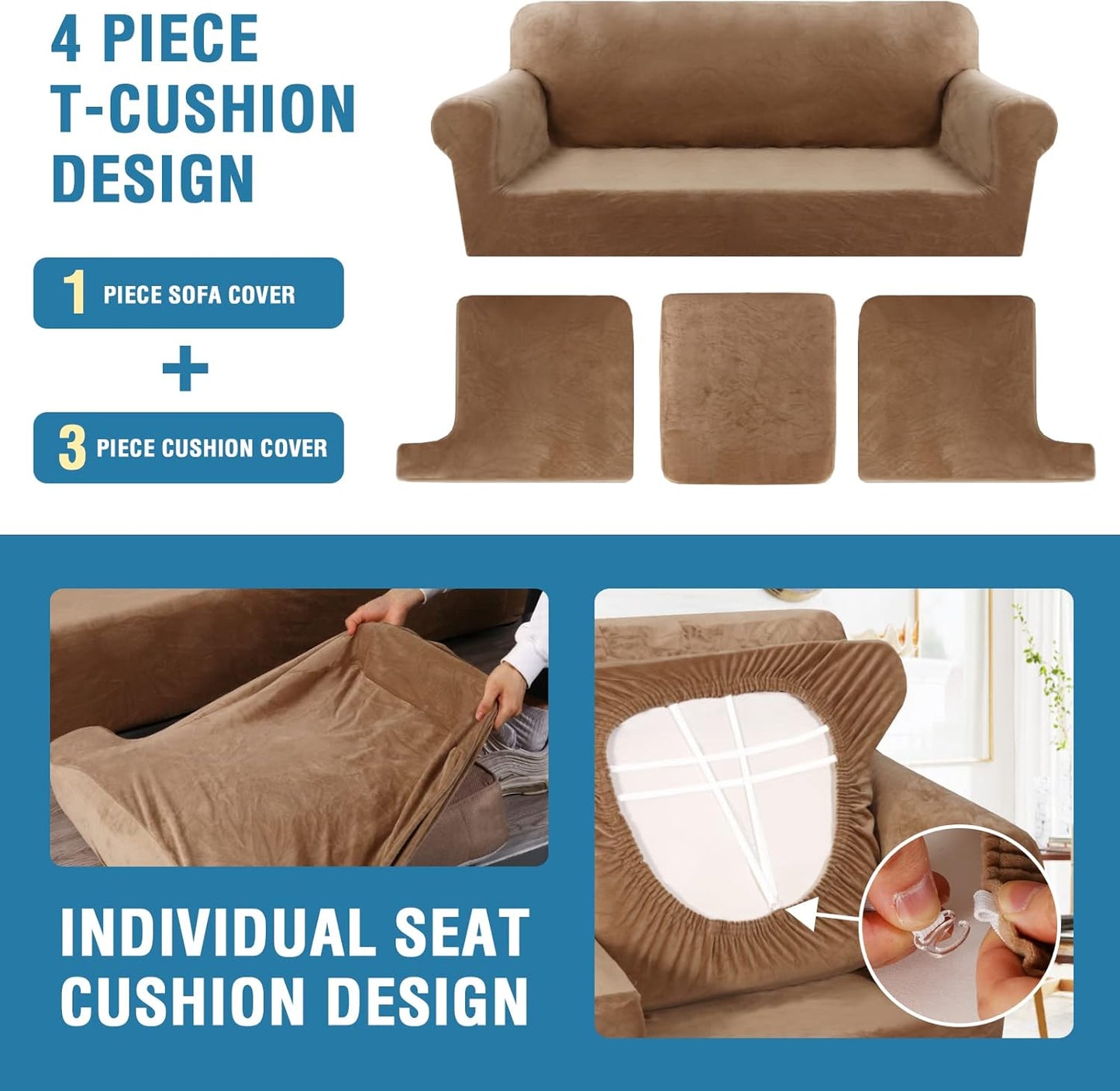 Sofa Cover 4 Piece T Cushion Sofa Slipcovers Thick Velvet Couch Cover Furniture Protector Stretch Sofa Covers for 3 Cushion Couch with 3 Individual T Cushion Covers Washable, Camel