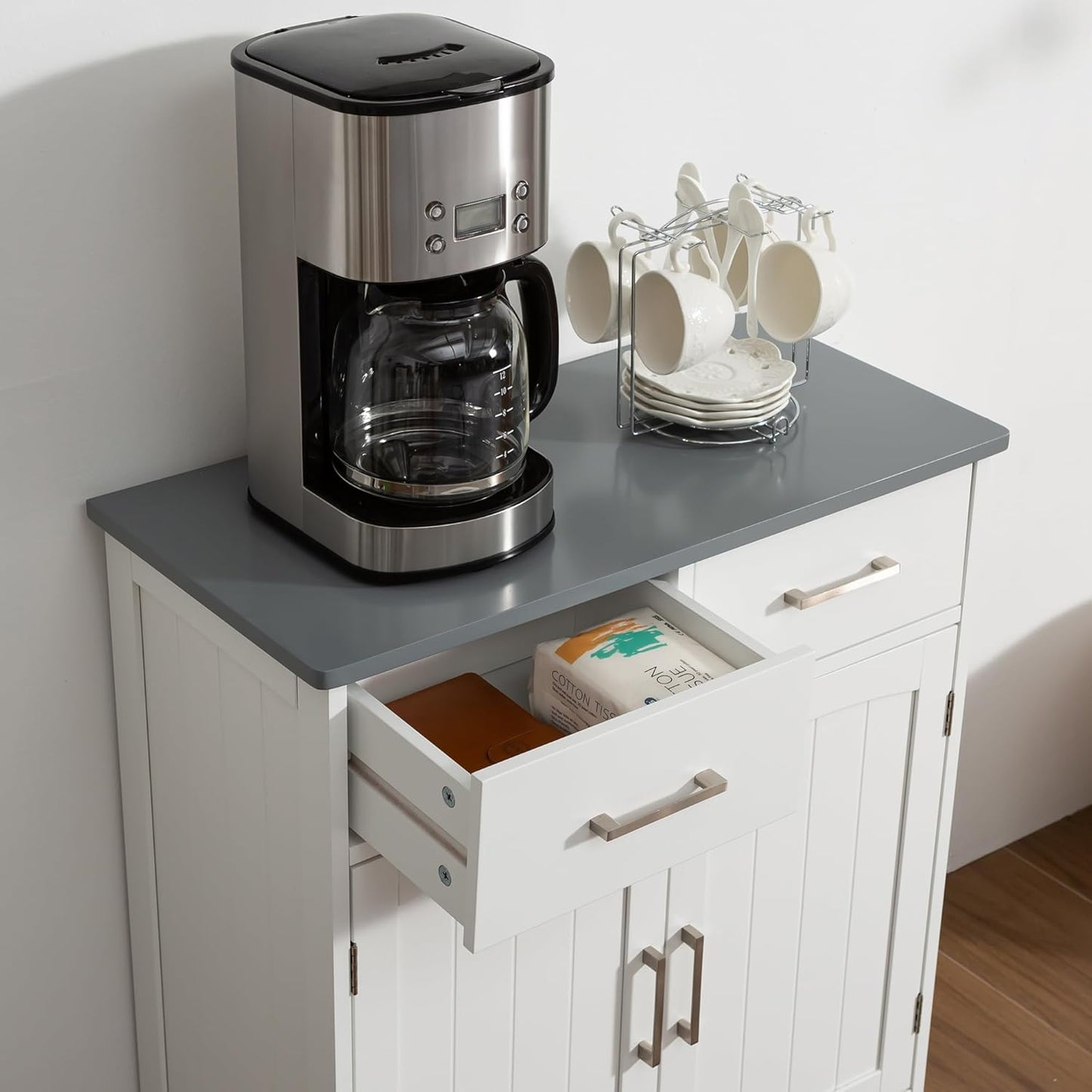 Modern White Buffet Cabinet, 26x30 Inches, 2 Doors, 2 Drawers, Adjustable Shelves, Anti-Fall Drawers, Dining Room Storage