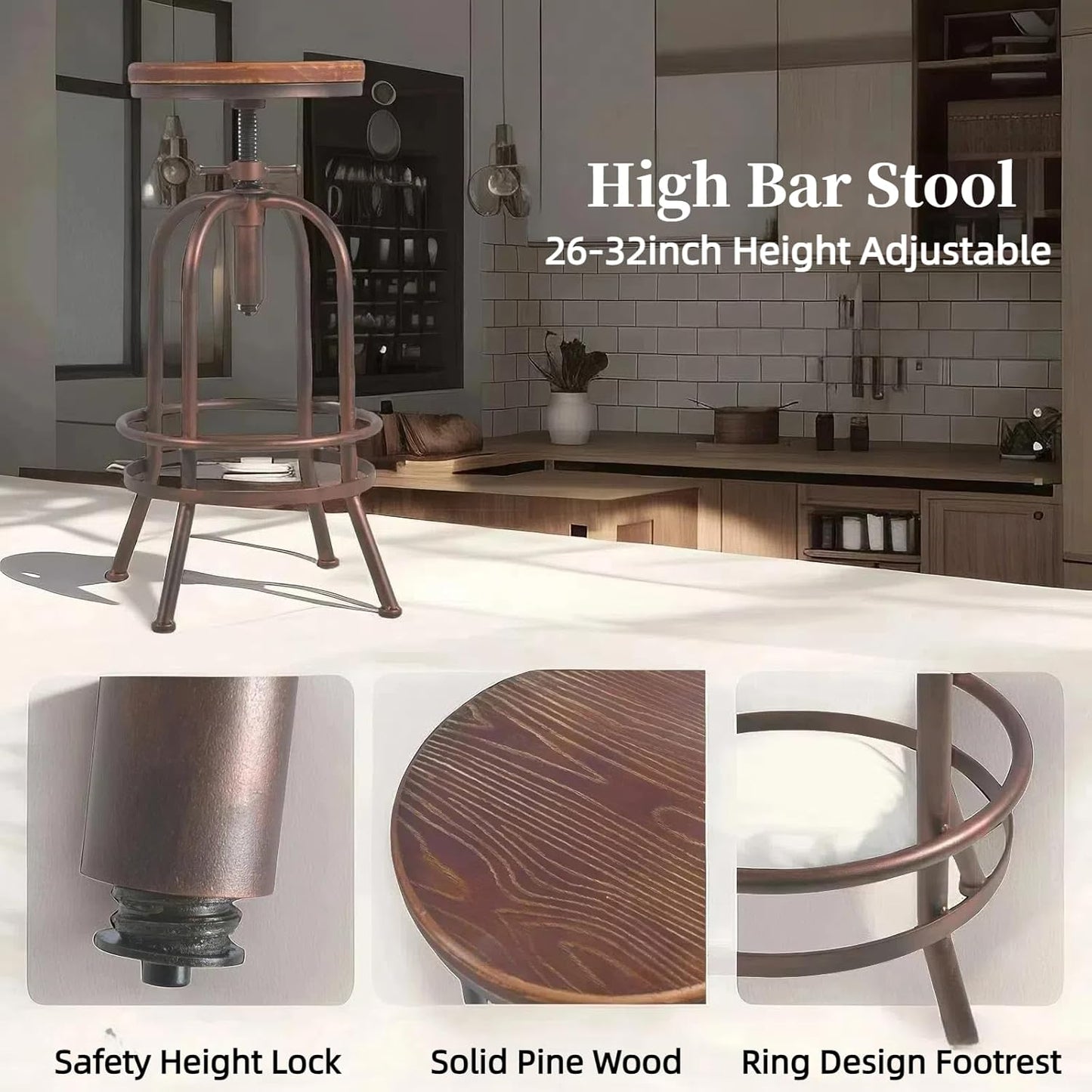Set of 2 Industrial Bar Stool-Retro 26-32.3inch Swivel Stools-Extra Tall Kitchen Chair-Bar Counter Height Adjustable-Fully Welded (Copper 2PCS)